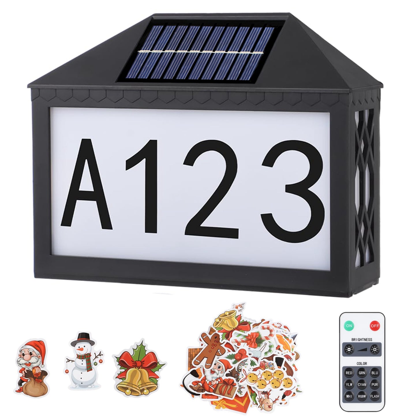 Christmas Solar Address Sign IP55 Waterproof Colorful House Numbers Plaque Wall Mounted LED Address Sign with 9 Lighting Modes Remote Control for Yard - Black -