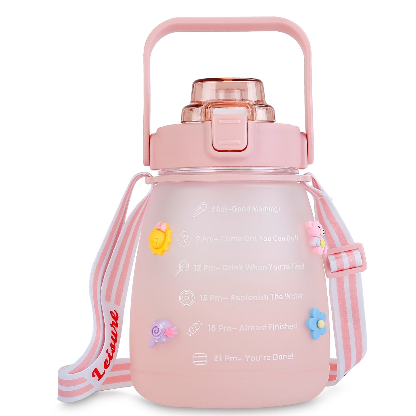 Kawaii Water Bottle with Straw 37.2oz Large Capacity Portable Sports Bottle with Cute Three-Dimensional Stickers - Pink -