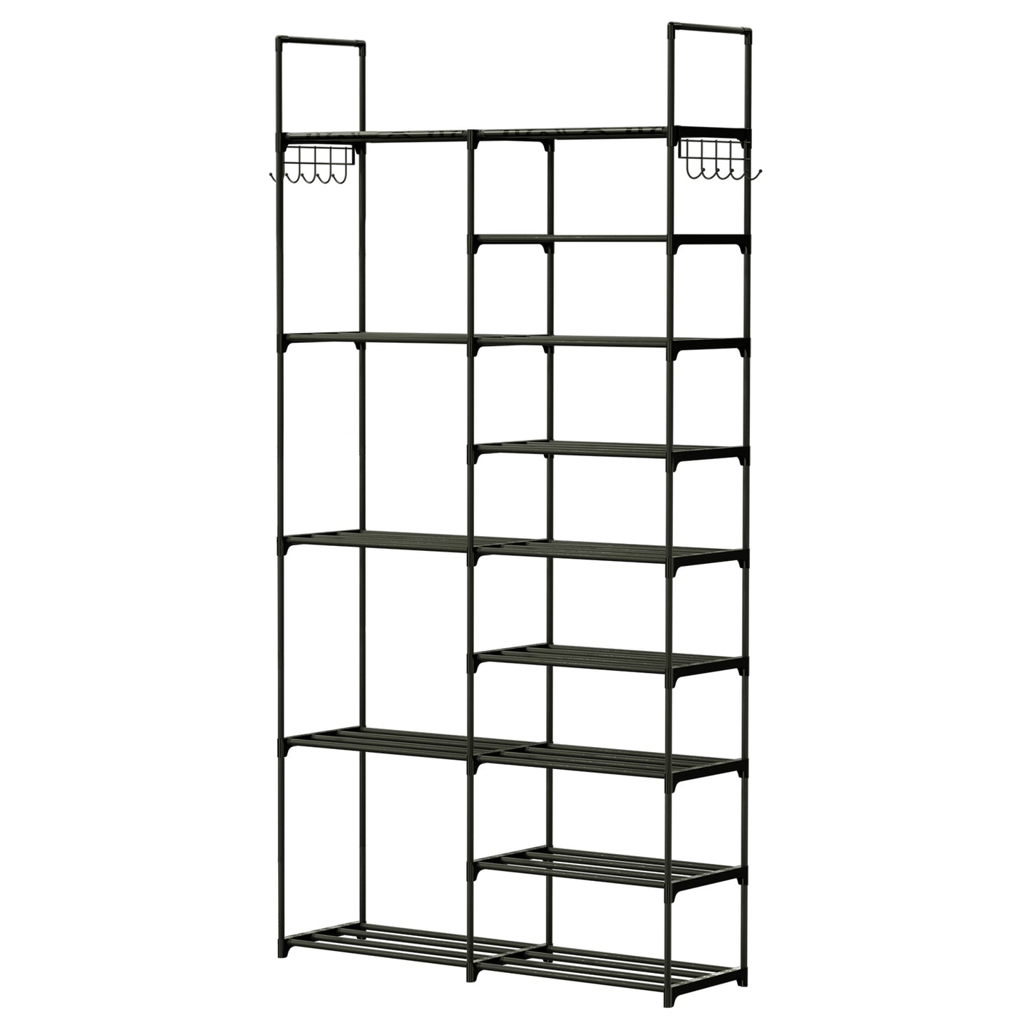 9 Tiers Plus 5 Tiers Shoe Rack Metal Shoe Storage Shelf Free Standing Large Shoe Stand 28+ Pairs Shoe Tower Unit Tall Shoe Organizer with Side Hooks f - Black - 9 x 5