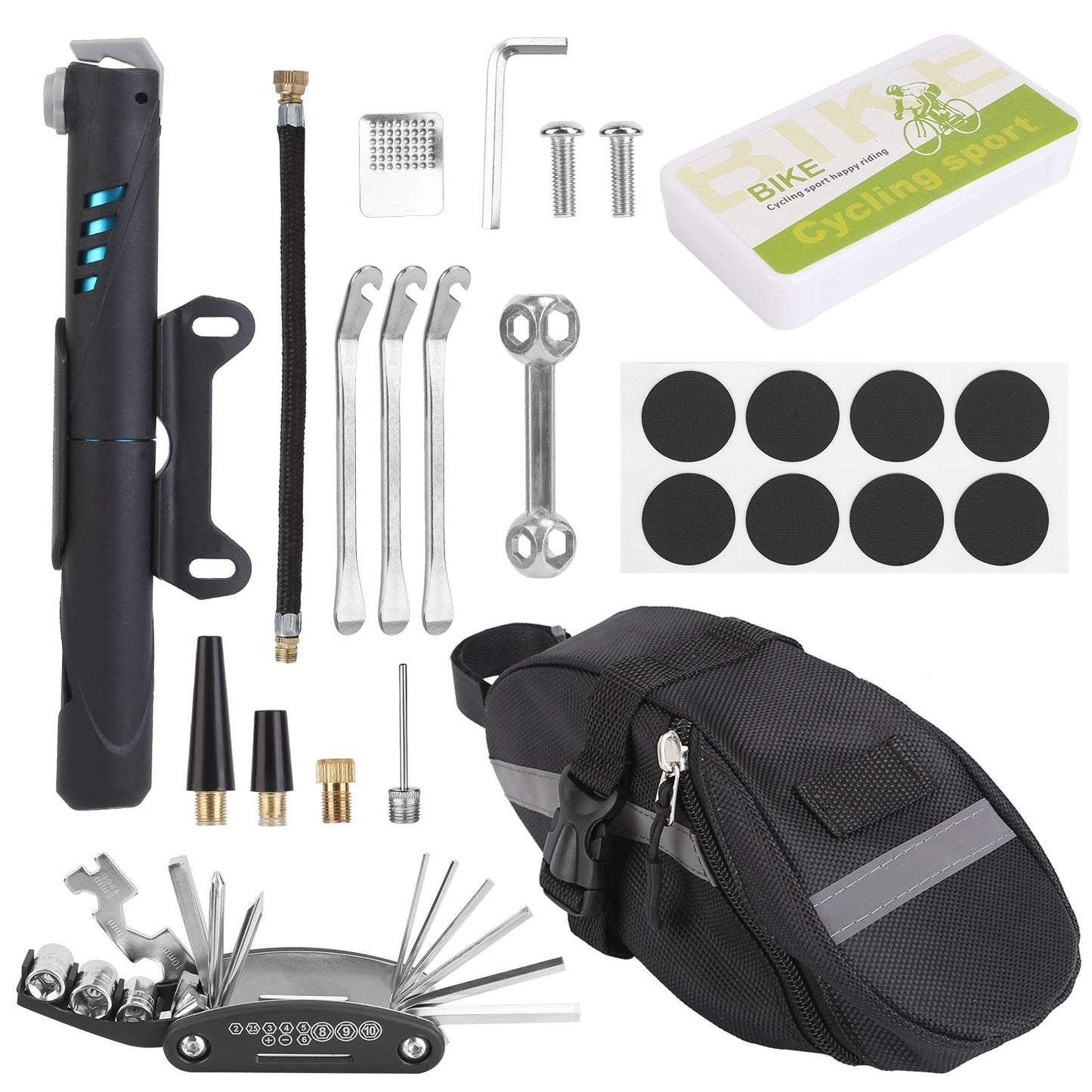 Bicycle Tyre Repair Kit Bag Bike Tire Repair Tool Kit with 16-in-1 Tool Tire Pump Tire Patches Tyre Levers Air Nozzles - Black -