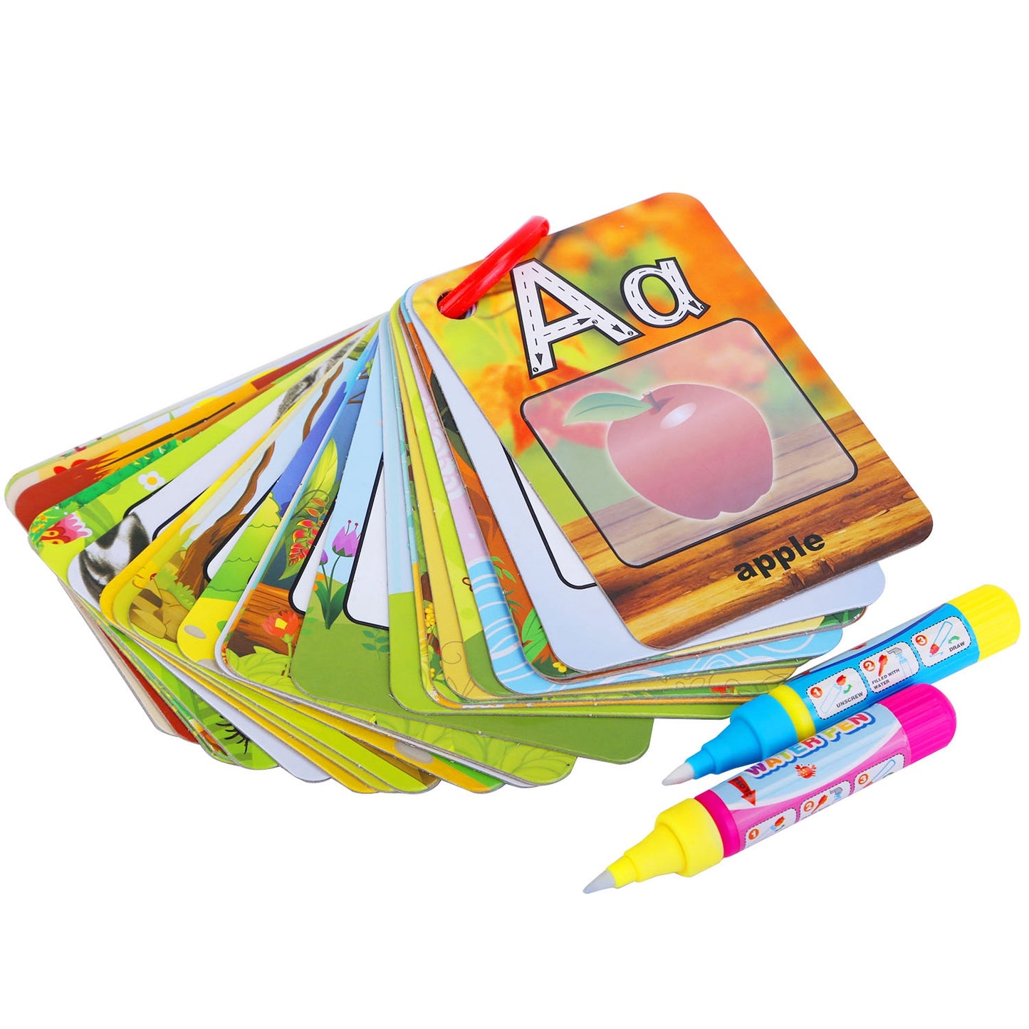 Alphabet Water Coloring Cards with 2 Magic Water Pens Early Reusable Drawing Cards for Kids Alphabet Painting Flashcards for Early Education - Multi -