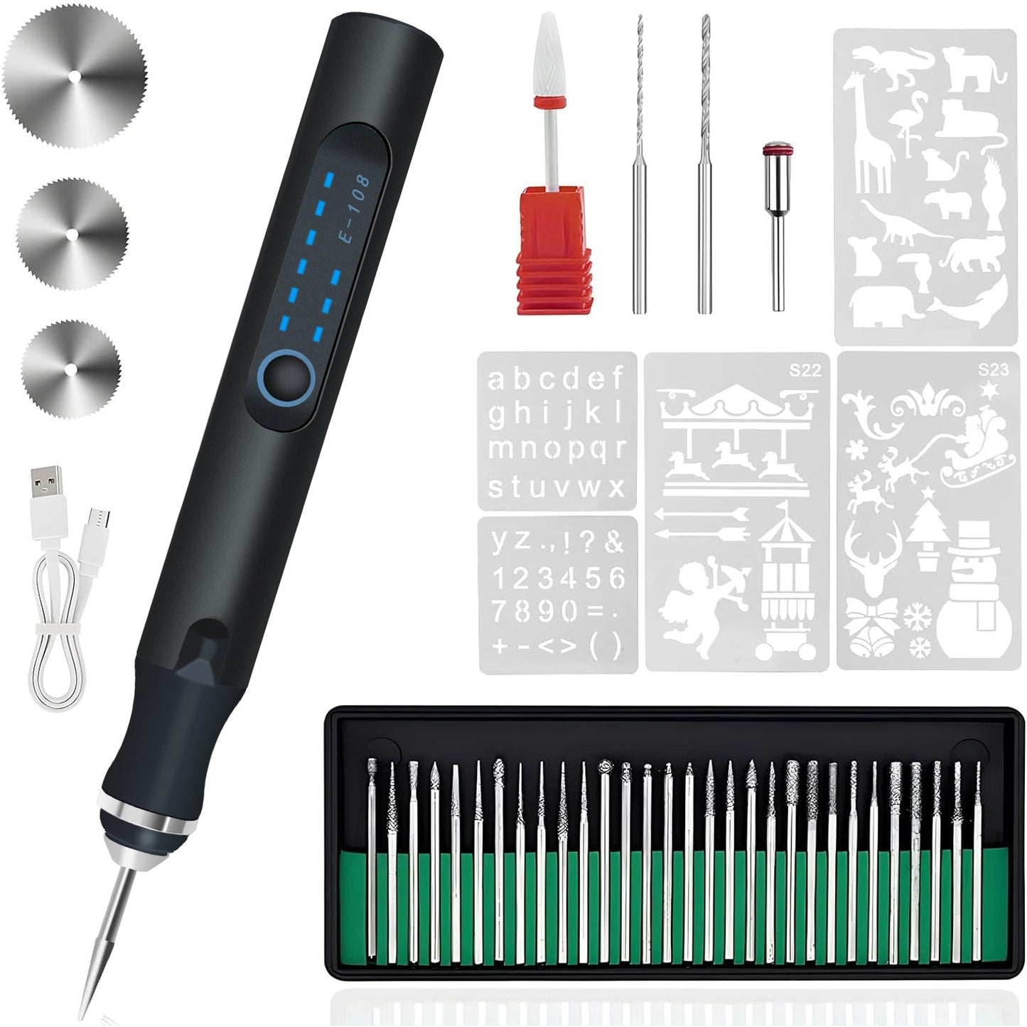 Electric Engraving Pen with 33Pcs Burr Bits 5Pcs Stencils 3 Gears Speed Rechargeable Cordless Professional Engraver Etching Machine For Jewelry Glass - Black -