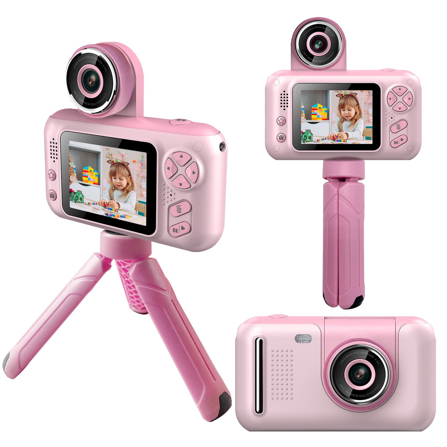 Kids Digital Camera with Flip Lens Children Video Camcorder Christmas Toy Birthday Gifts with Tripod 2.4in Screen 32G MMC Card for 3-10 Year Old Boys - Pink -