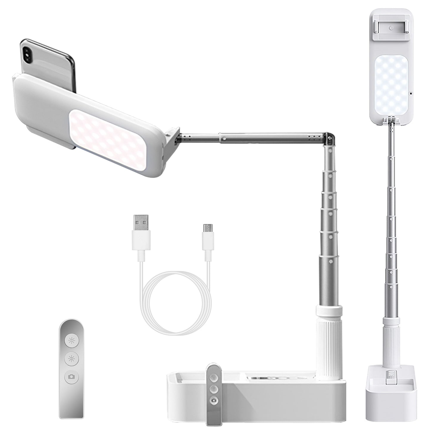 Extendable Selfie Stand 360° Rotatable Phone Holder with Rechargeable Wireless Remote 3 Modes for Live Streaming YouTube Tiktok Video Recording Photog - White -