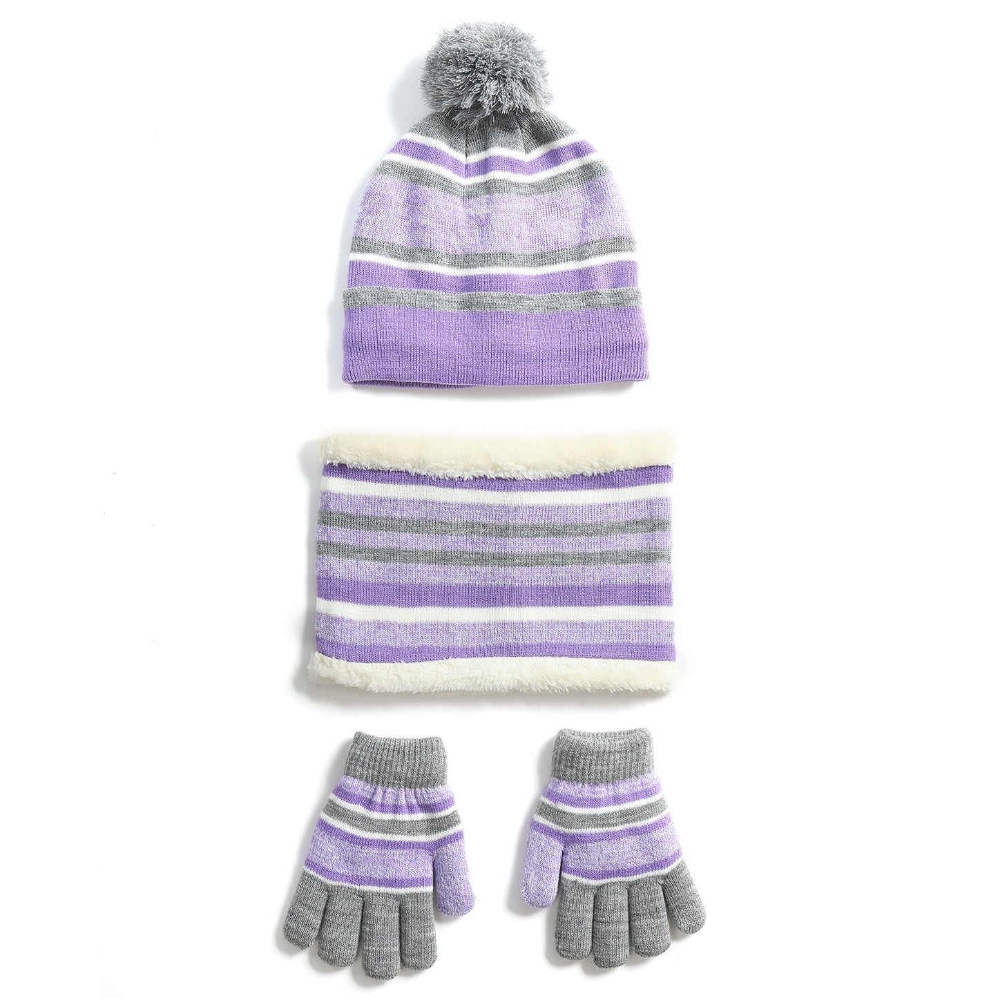 Winter Kids Knitted Hat Scarf Gloves 3Pcs Boys Girls Winter Warm Beanie Hat and Glove Scarf Set Beanie Neck Warmer Mittens for 4-7-Year-Old Kids - Purple -