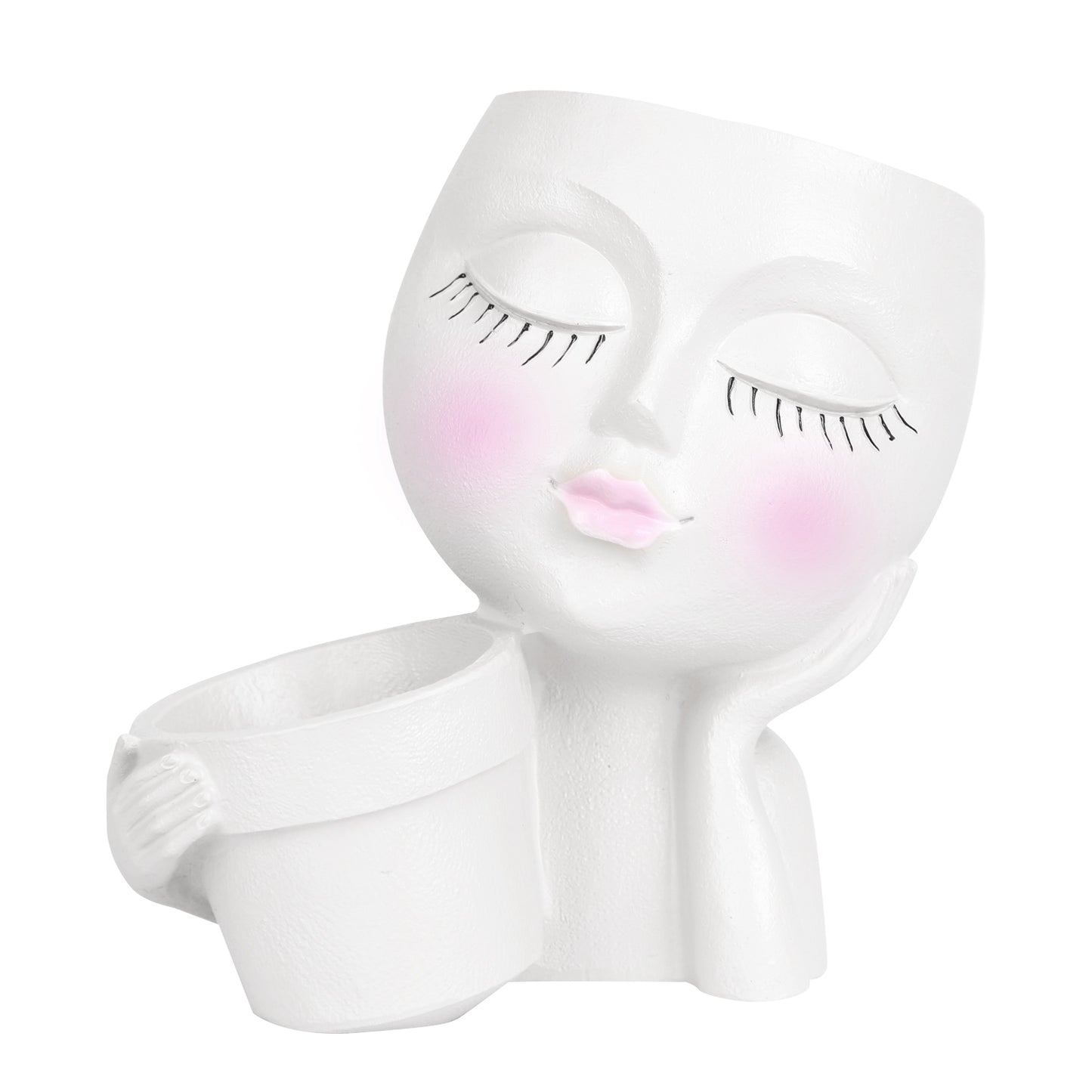 Girl Face Planter Pot Dual Opening Flower Pot With Drainage Hole Lady Head Resin Plant Pot For Succulent Cactus Indoor Outdoor - White -