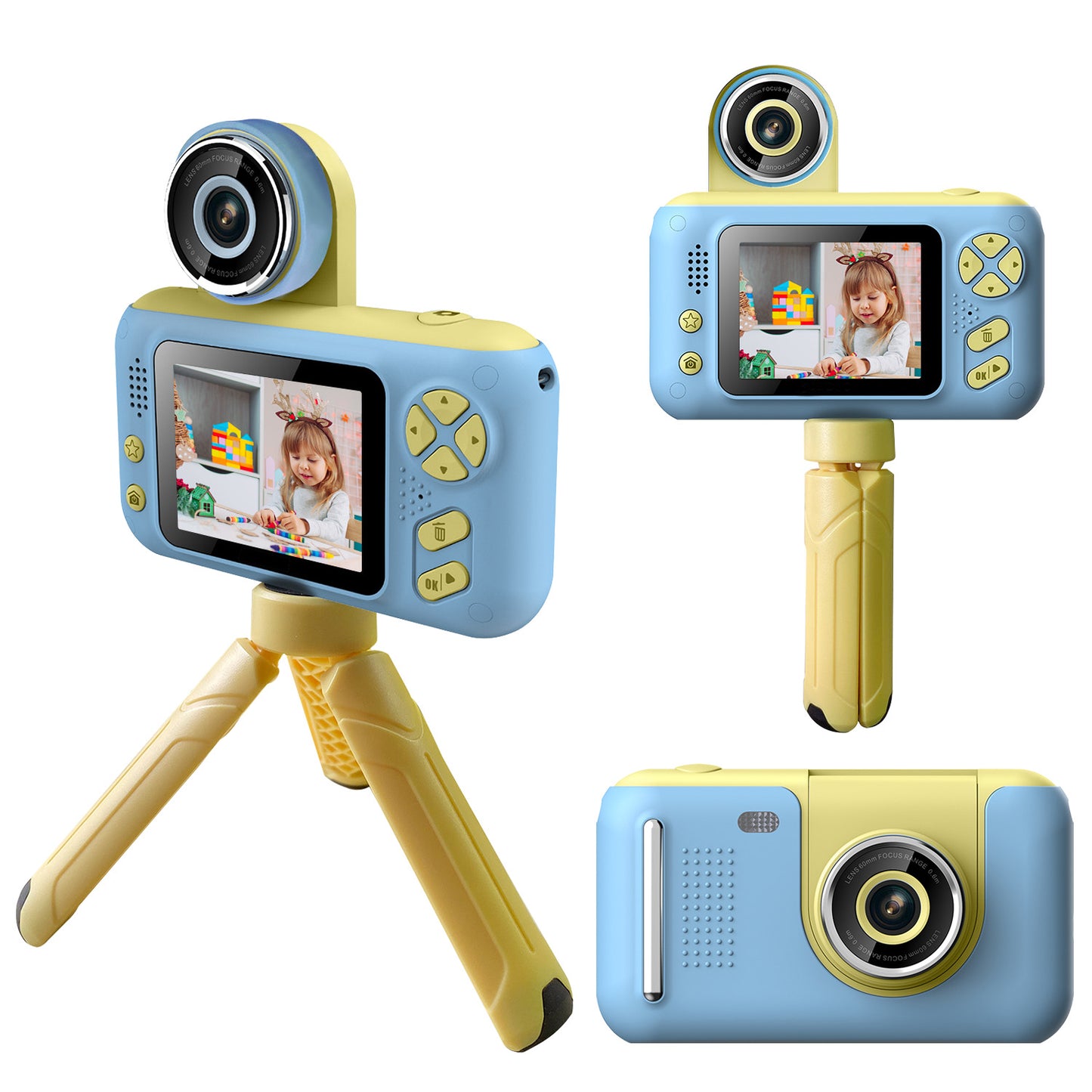 Kids Digital Camera with Flip Lens Children Video Camcorder Christmas Toy Birthday Gifts with Tripod 2.4in Screen 32G MMC Card for 3-10 Year Old Boys - Blue -