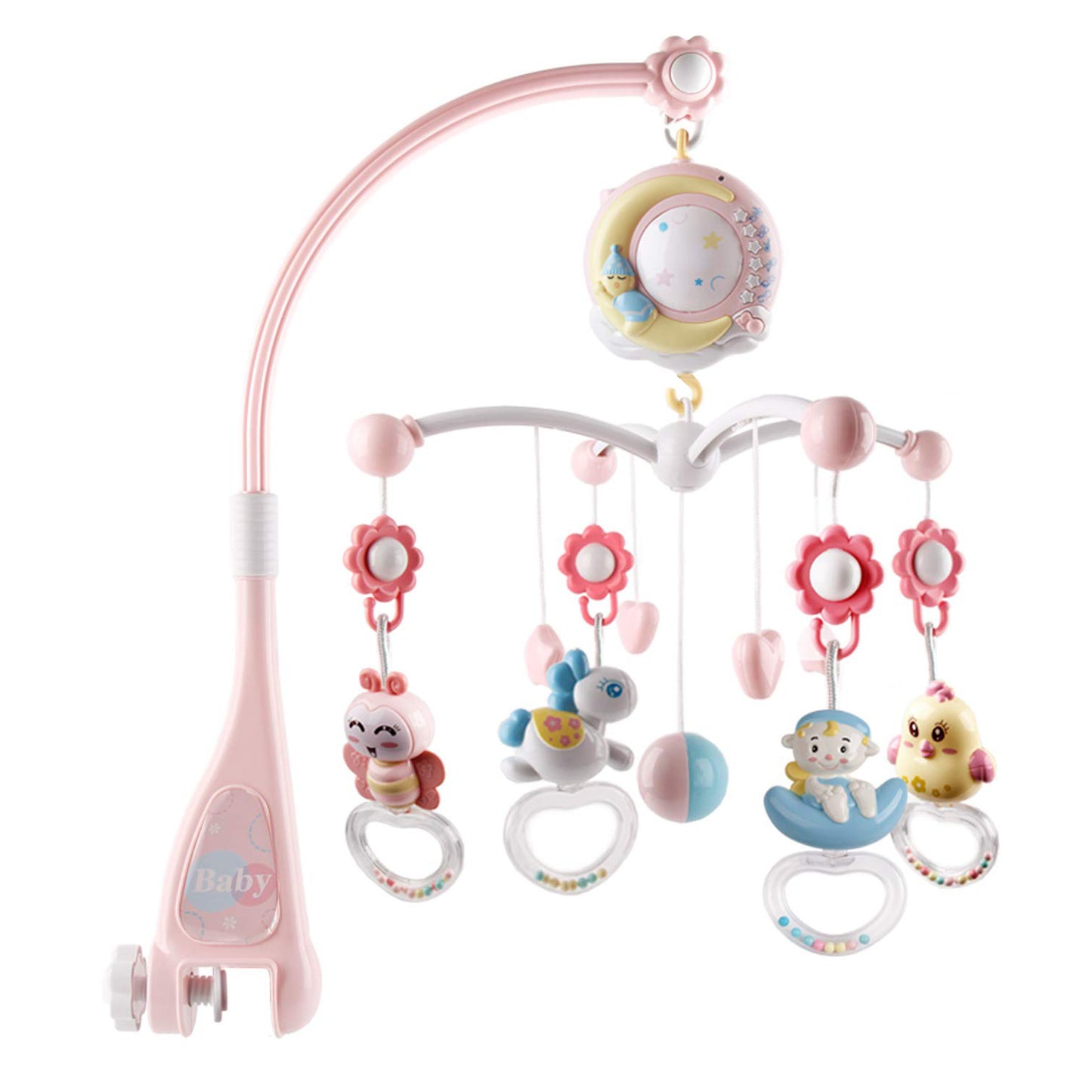 Baby Musical Crib Bed Bell Rotating Mobile Star Projection Nursery Light Baby Rattle Toy w/ Music Box Remote Control - Pink -