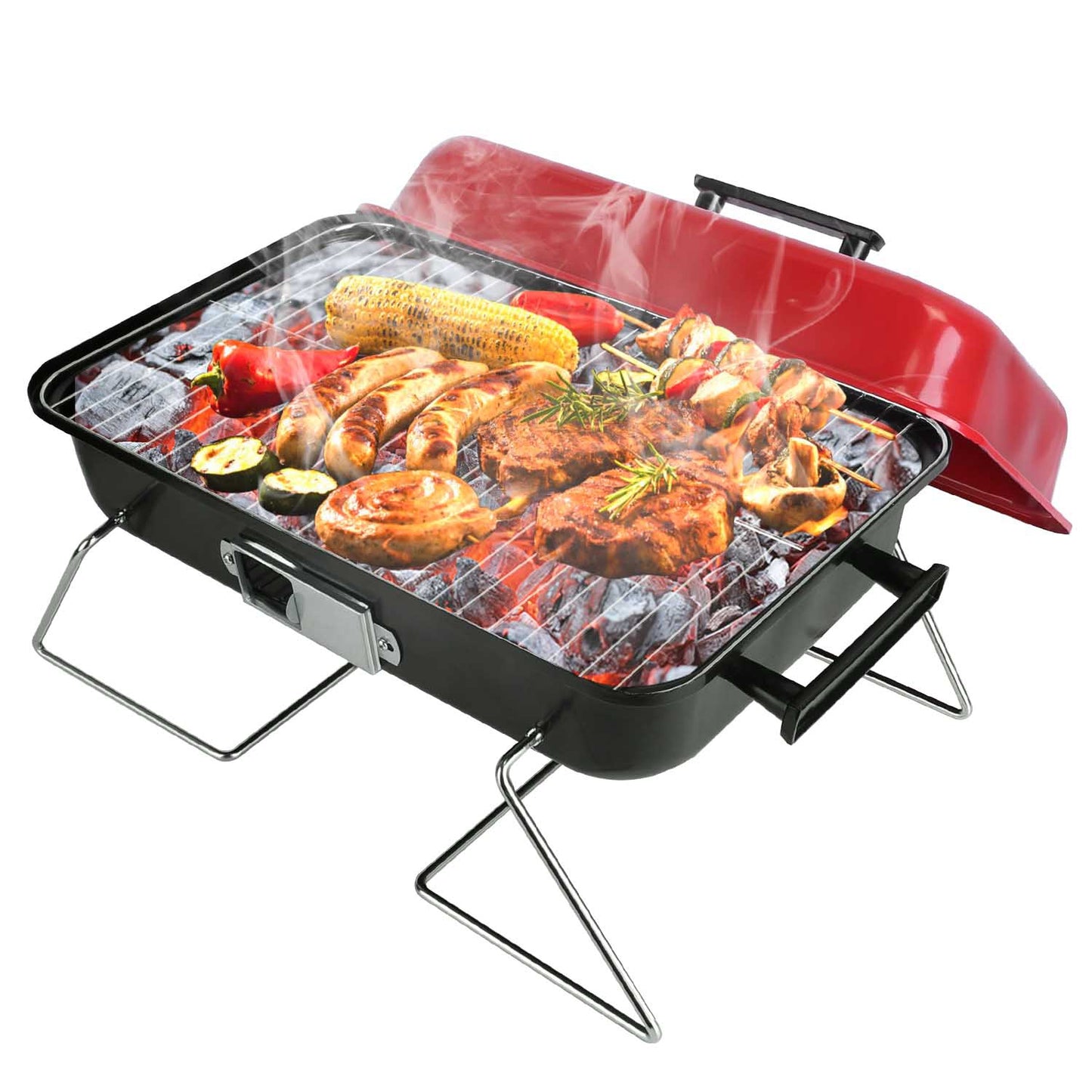 Portable Charcoal Grill Outdoor Tabletop Grill Small Barbecue Smoker Folding BBQ Grill with Lid for Backyard Camping Picnics Beach - Red -