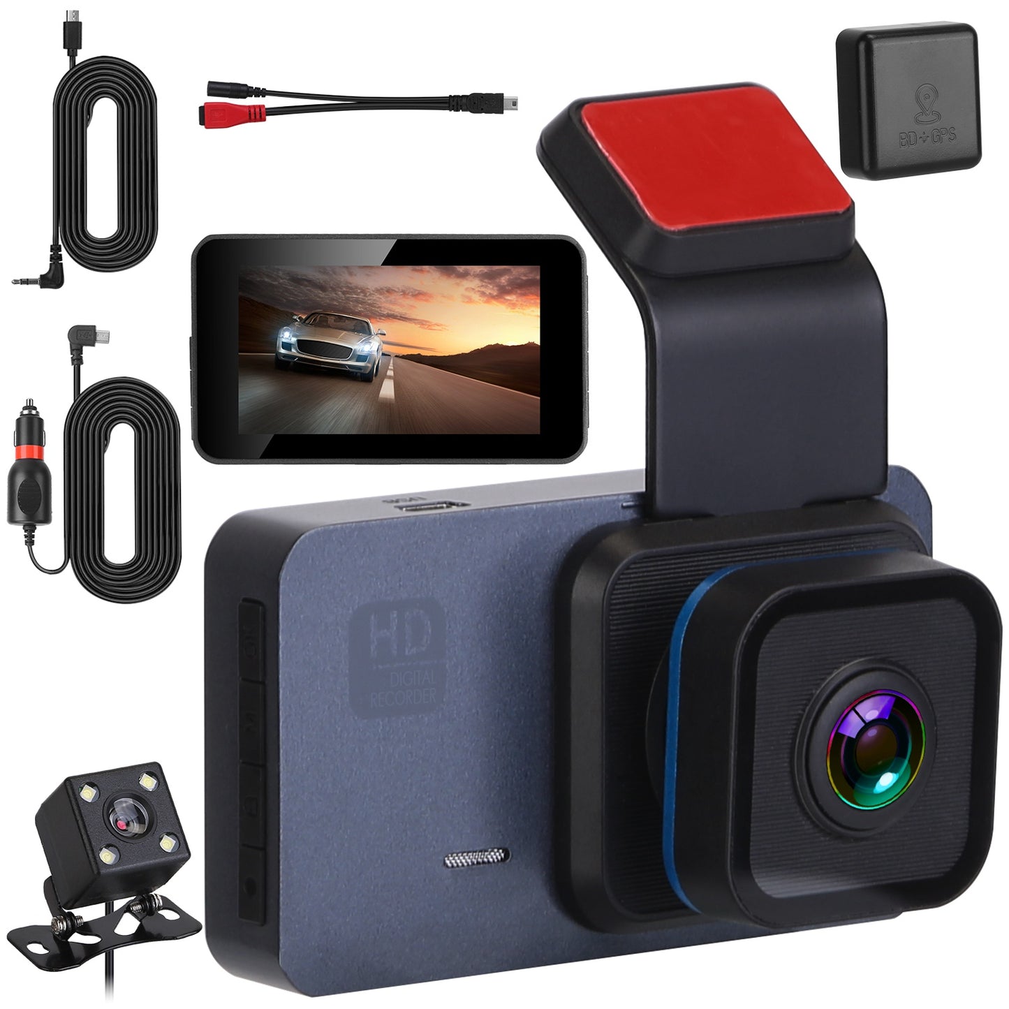 1080P Dual Lens Dash Cam Vehicle Driving Recorder Car DVR with WiFi GPS G-Sensor APP Control Motion Detection Parking Monitor Night Vision - Black -