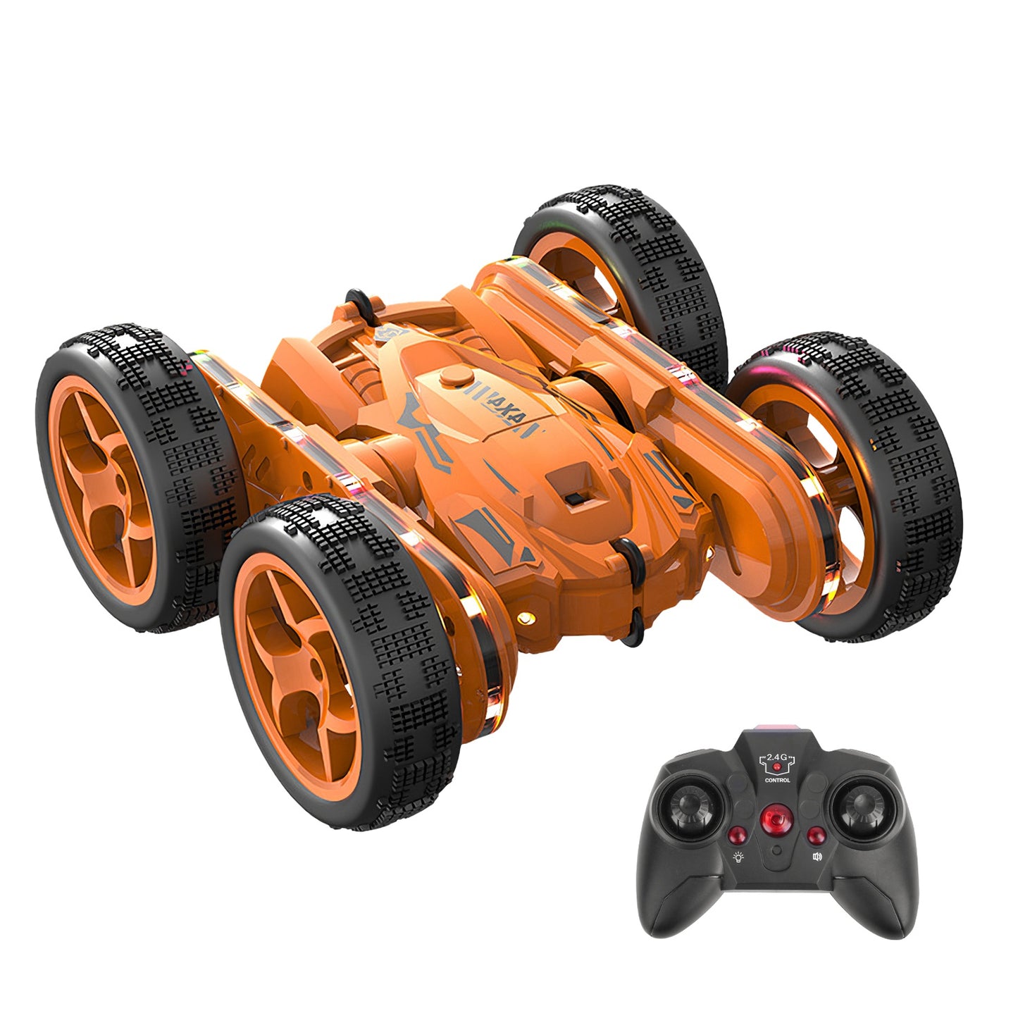 Kid Driving RC Stunt Car 7 Color Strip Light Dynamic Music Swing Arm Double-sided Rolling Remote Control Car Off Road 2.4GHz 4WD Rechargeable Racing - Orange -