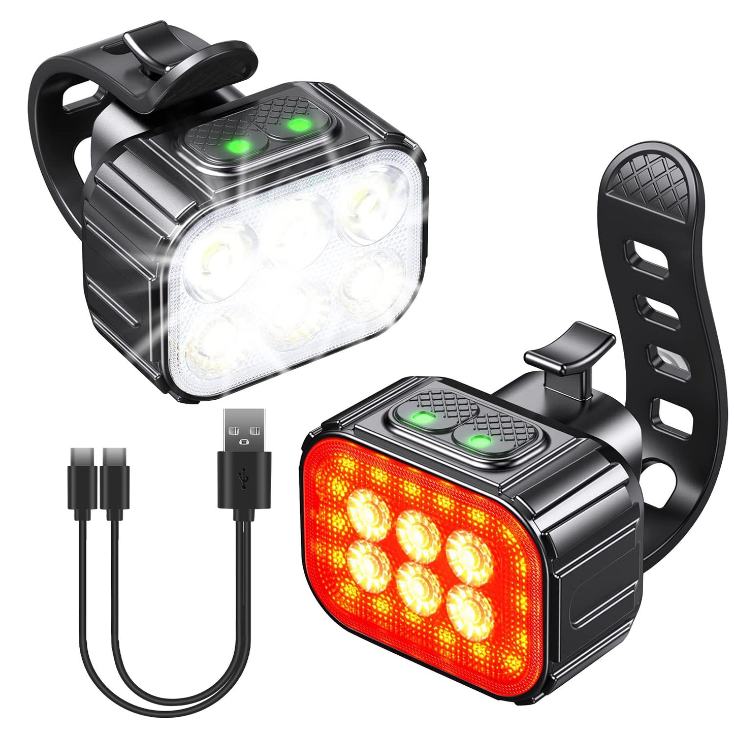 Bike Headlight TailLight IP65 Waterproof Anti-Drop Rechargeable Bicycle Light Set Night Riding Bright Bike Cycling Headlight Taillight Front Light War - Black -