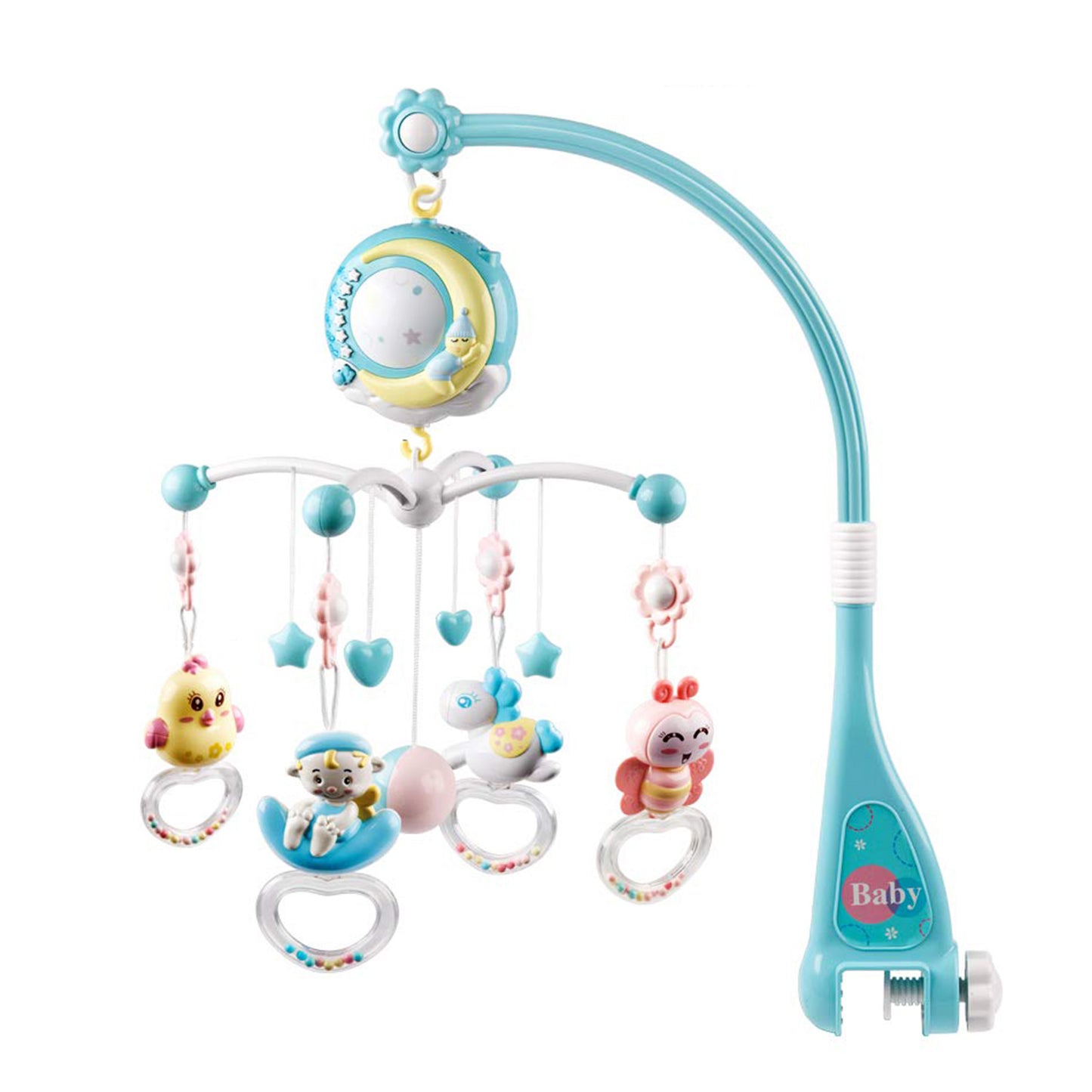 Baby Musical Crib Bed Bell Rotating Mobile Star Projection Nursery Light Baby Rattle Toy w/ Music Box Remote Control - Blue -