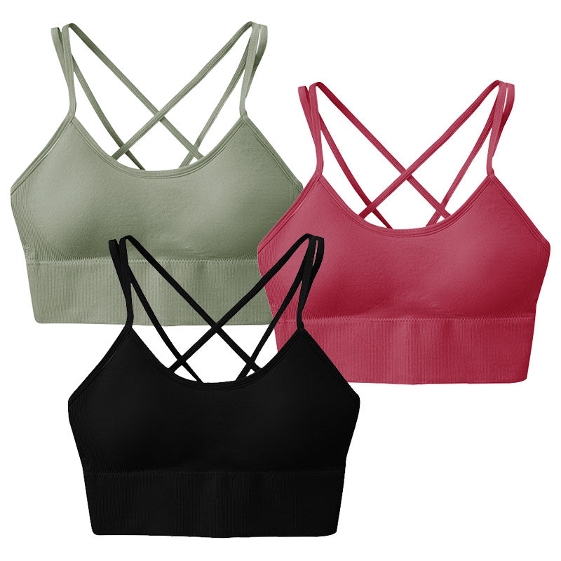3Packs Women Cross Back Sport Bras Padded Strappy Medium Support Bras Sexy Fitness Tank Tops with Removable Pads for Gym Yoga Workout Running - Multi - Large