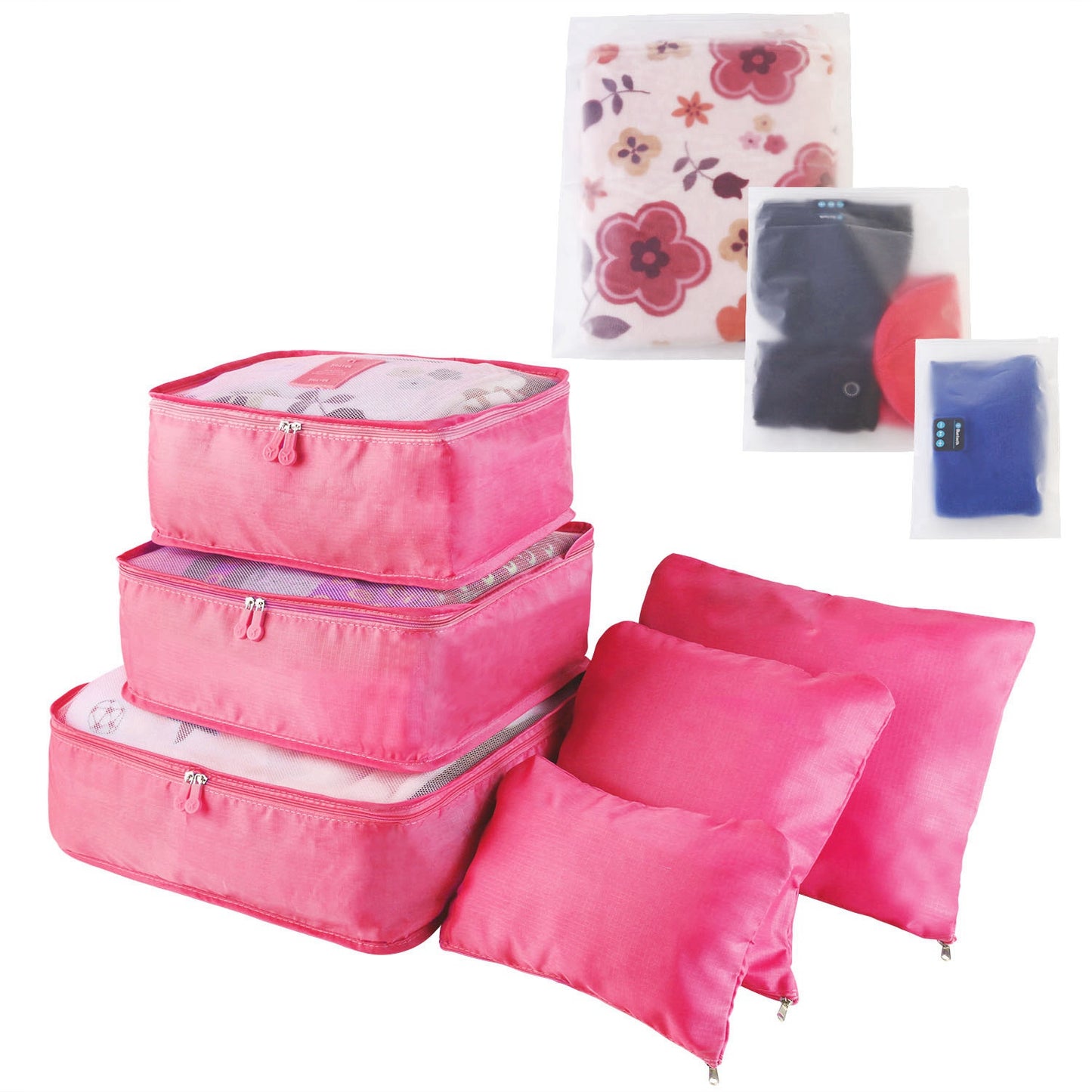 9Pcs Clothes Storage Bags Water-Resistant Travel Luggage Organizer Clothing Packing Cubes for Blouse Hosiery Stocking Underwear - Hot Pink -