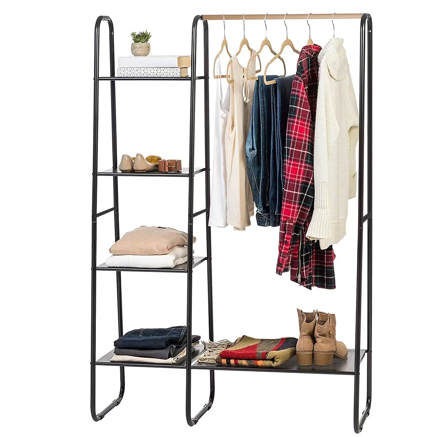 Metal Garment Hanging Rack Shoe Clothing Organizer Shelves Freestanding Clothing Hanging Rail Clothes Wardrobe Shoe Display Organizer with 1 Hanging R - Black -