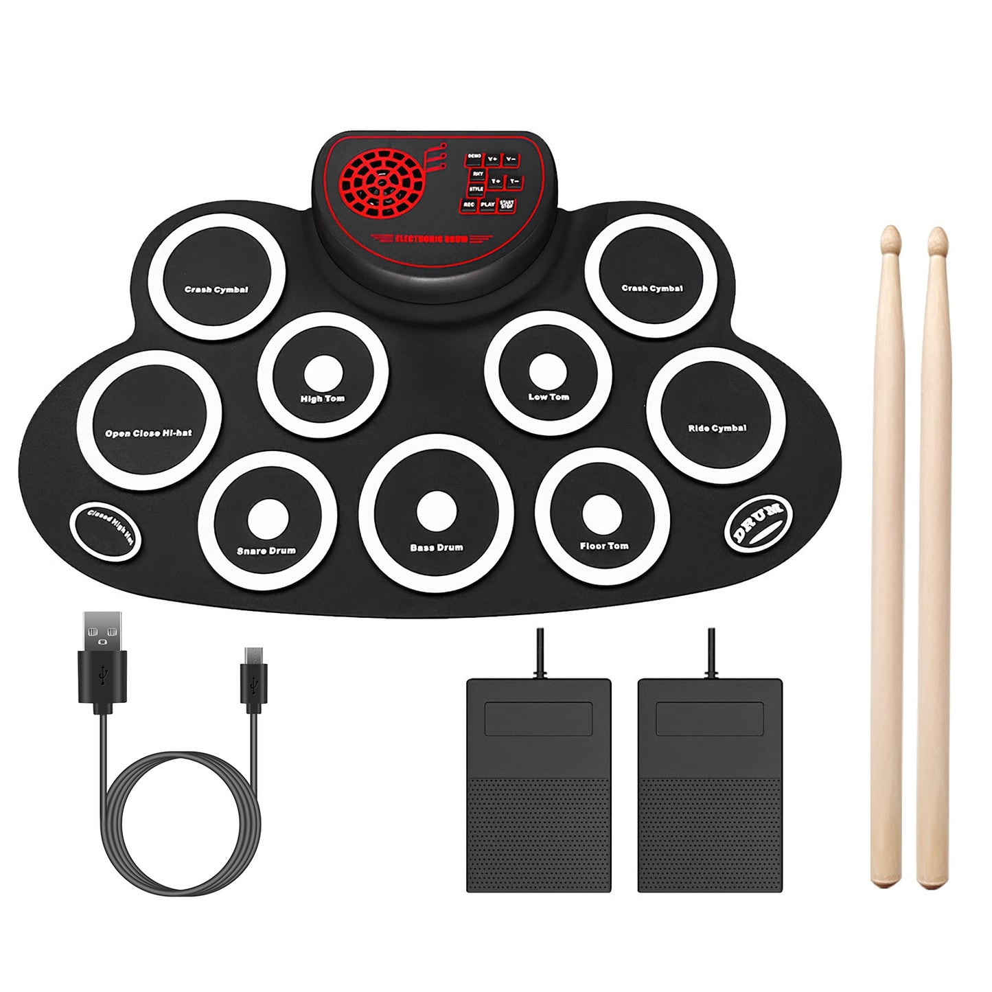 10 Pads Electric Drum Set Foldable 10-Drum Silicon Drum Kit Foldable Electronic Drum Pad Machine with Drum Sticks Headphone Jack Speaker Battery Dual- - Black -