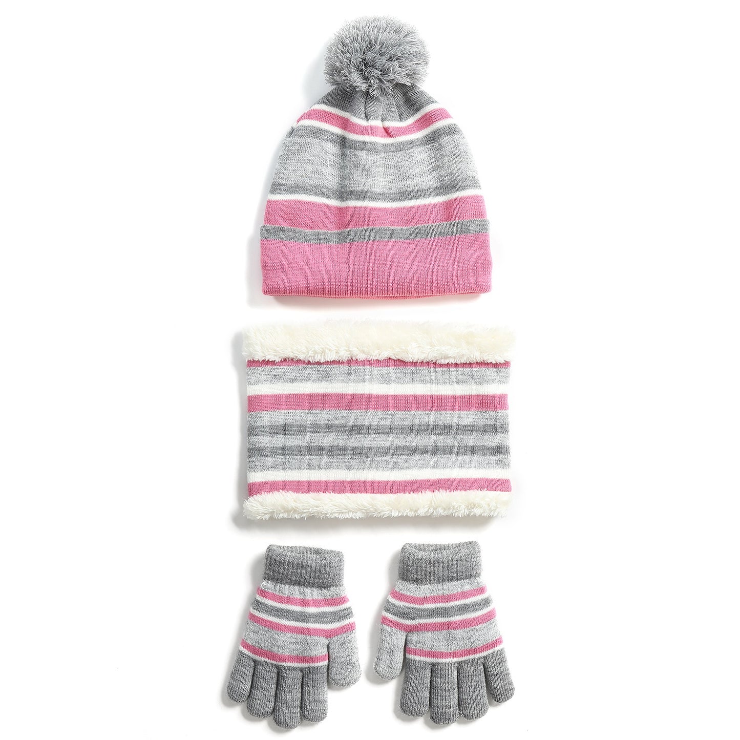 Winter Kids Knitted Hat Scarf Gloves 3Pcs Boys Girls Winter Warm Beanie Hat and Glove Scarf Set Beanie Neck Warmer Mittens for 4-7-Year-Old Kids - Pink -