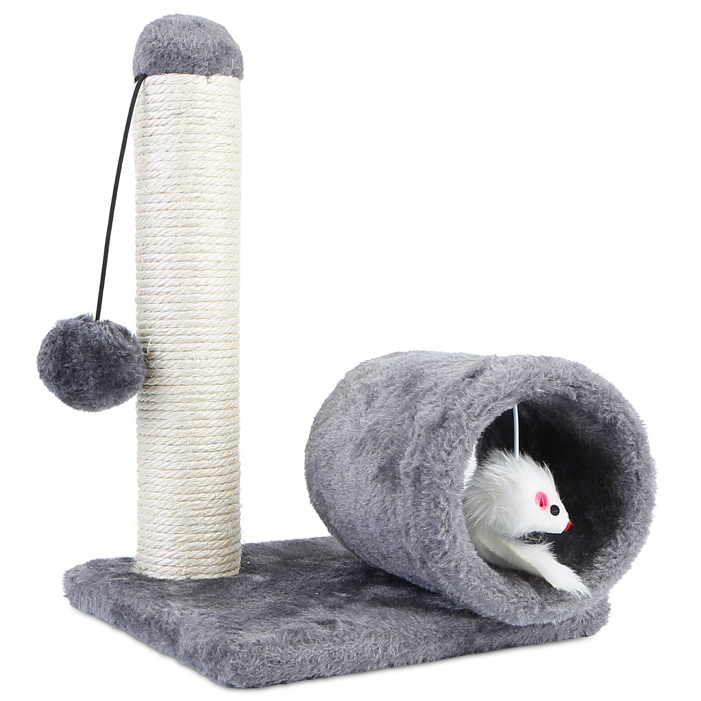 Cat Scratching Post Cat Kitten Sisal Scratch Post Toy w/ Tunnel & Lifelike Mouse Toy Pet Activity Play Fun - Gray -