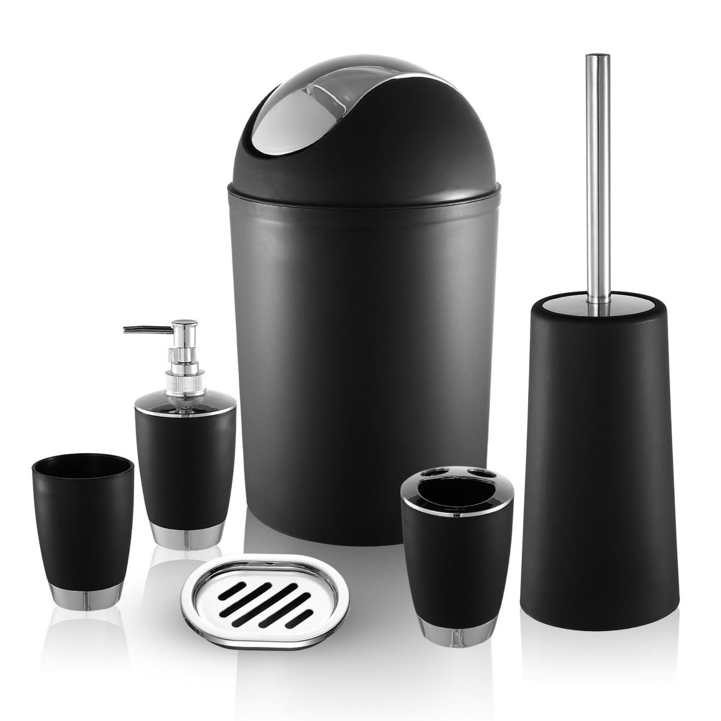 Bathroom Accessories Set 6 Pcs Bathroom Set Ensemble Complete Soap Dispenser Toothbrush Holder Tumbler Soap Dish Toilet Cleaning Brush Trash Can - Black -