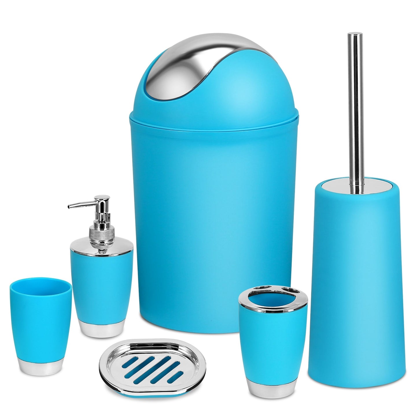 Bathroom Accessories Set 6 Pcs Bathroom Set Ensemble Complete Soap Dispenser Toothbrush Holder Tumbler Soap Dish Toilet Cleaning Brush Trash Can - Blue -