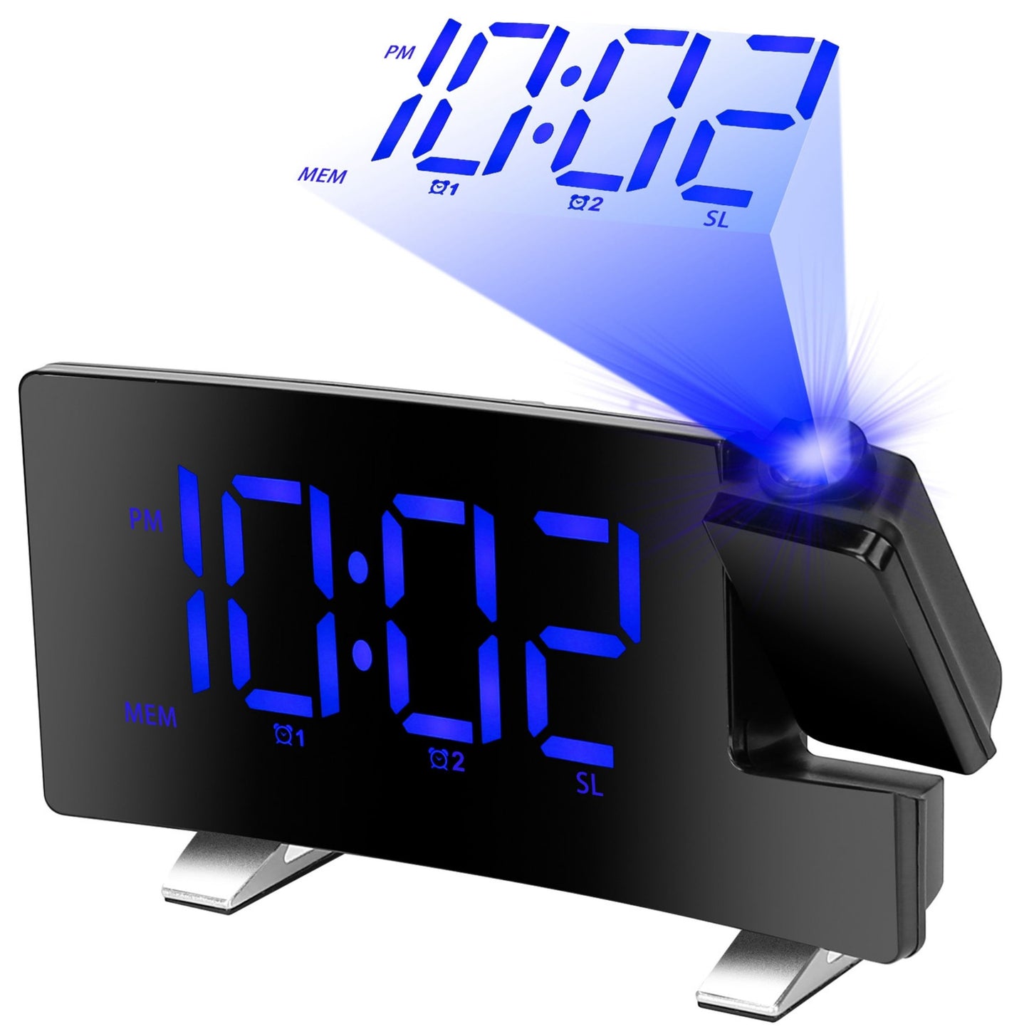 Curved-Screen Projection Alarm Clock: Dual Alarms, USB Charging, 4 Dimmer, 180° Rotation - Blue -