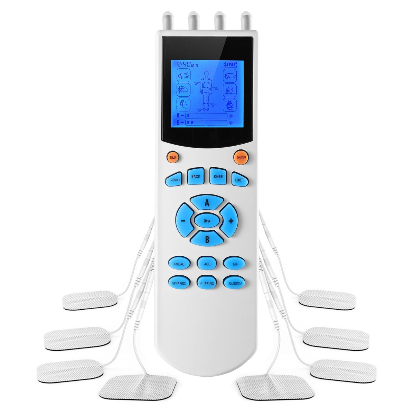 10 Mode Tens Unit Impulse Massager - Pain Relief Muscle Stimulator with 4 Outputs & 8 Electrode Pads - White -