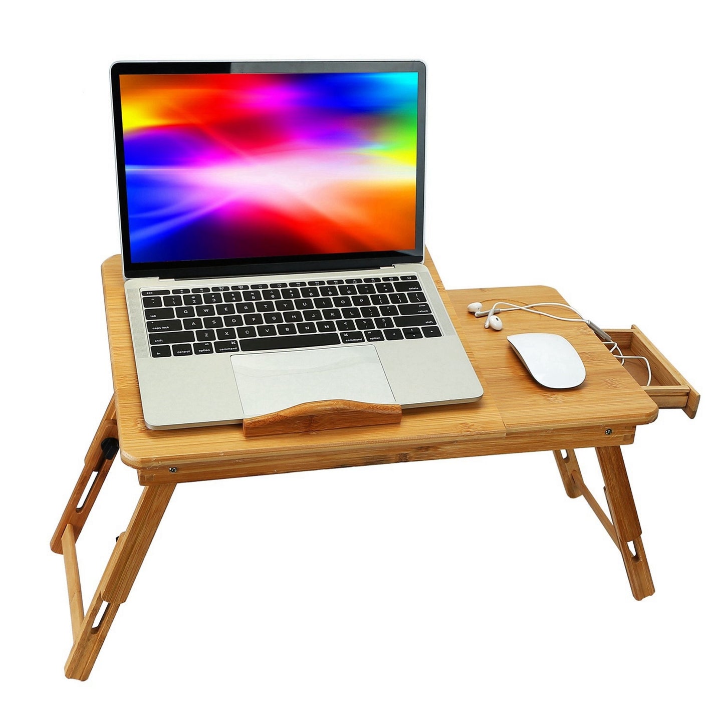 Bamboo Lap Desk with Foldable Leg and Adjustable Tilt Surface - Multi-Position, with Side Storage Drawer - for Work, Study - Specifications: Laptop Desk, Breakfast Serving, Bed Tray - Wood -
