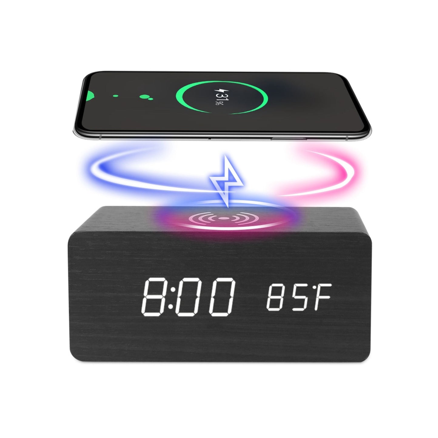 Wireless Charger Alarm Clock with Voice Control & Temperature Display (Black) - Black -