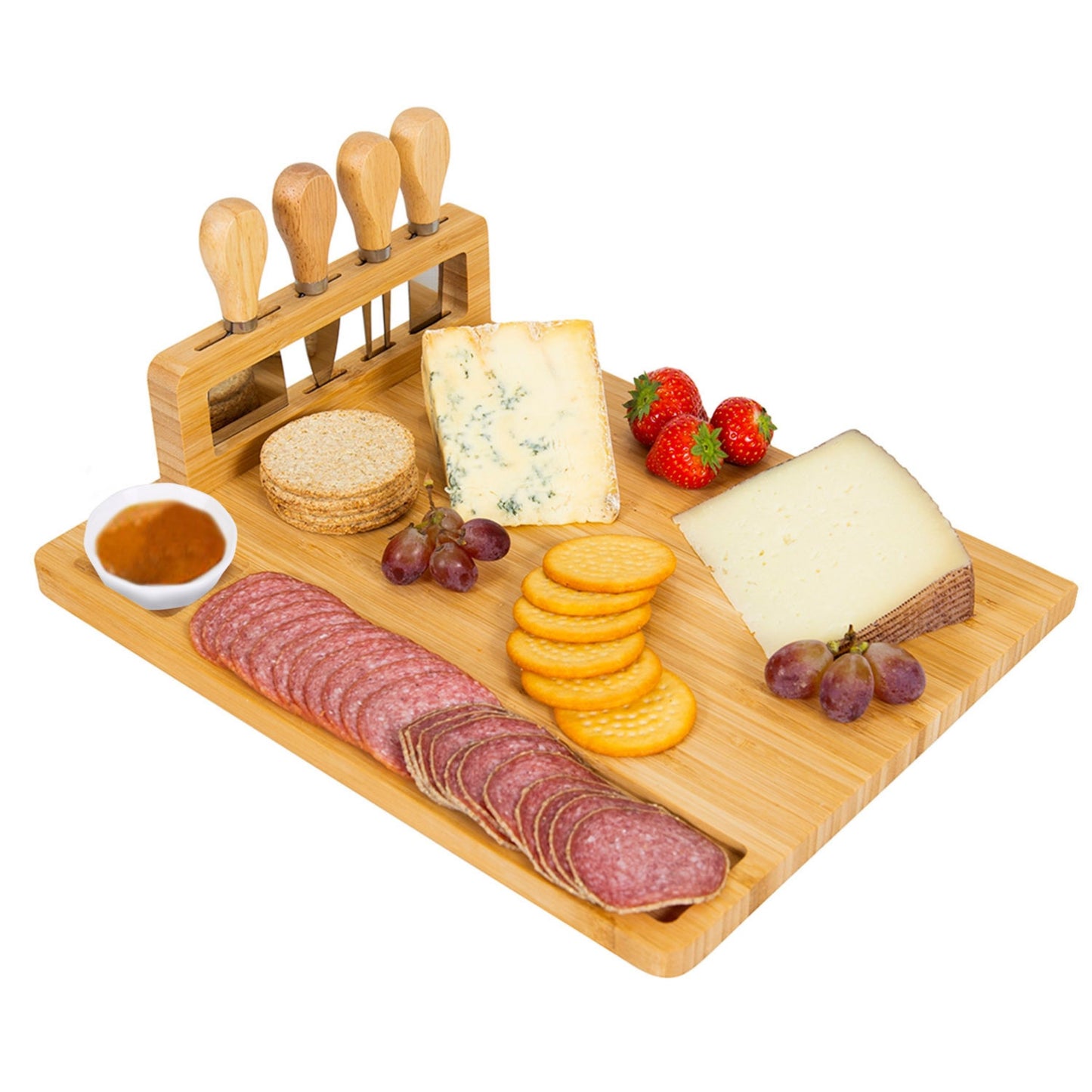 Bamboo Cheese Board with Cutlery Set - Charcuterie Platter Tray for Wedding, Birthdays, Christmas (Specs: Number of items included) - Wood -