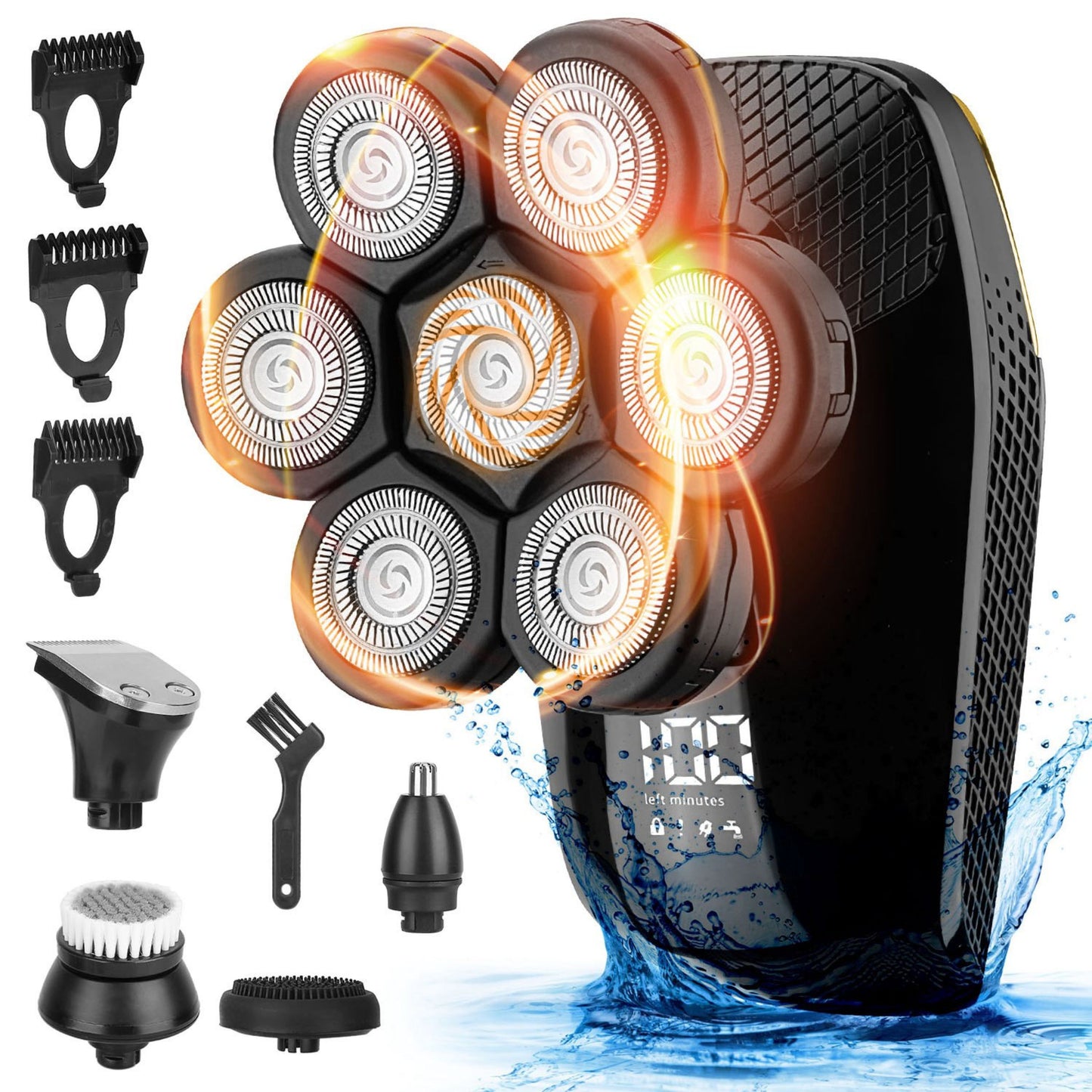 Bald Men's 5-in-1 Electric Rotary Razor Kit: Rechargeable, Cordless, IPX6 Waterproof, Dry/Wet Grooming with 3 Combs - Black -