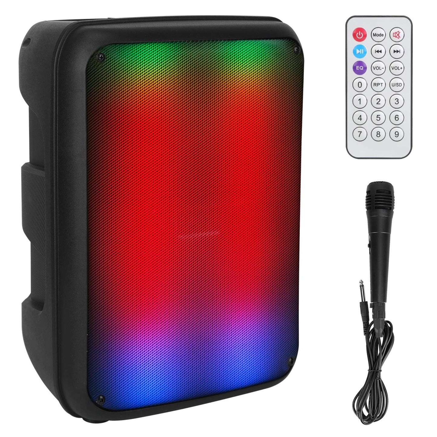 8in Portable Wireless Party Speaker with Colorful Lights, TWS Function, FM Radio, USB/MMC Card Reading, Aux In, Recording Function, Mic - Black -