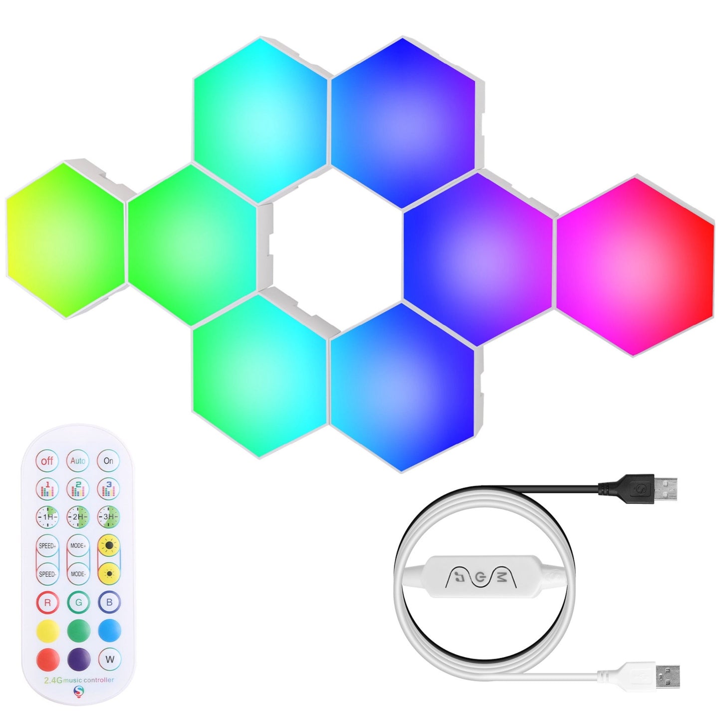 8Pcs RGBW Hexagon Wall Panels - App Control - Timing - Music Sync - Decorative Gaming Light - Remote Line Control - Colorful Splicing - Multi -