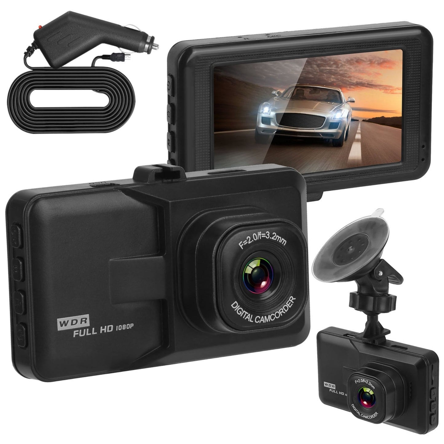 1080P Car DVR 3in Dash Cam - 100° Angle, Loop Recording, Motion Detection - Black -