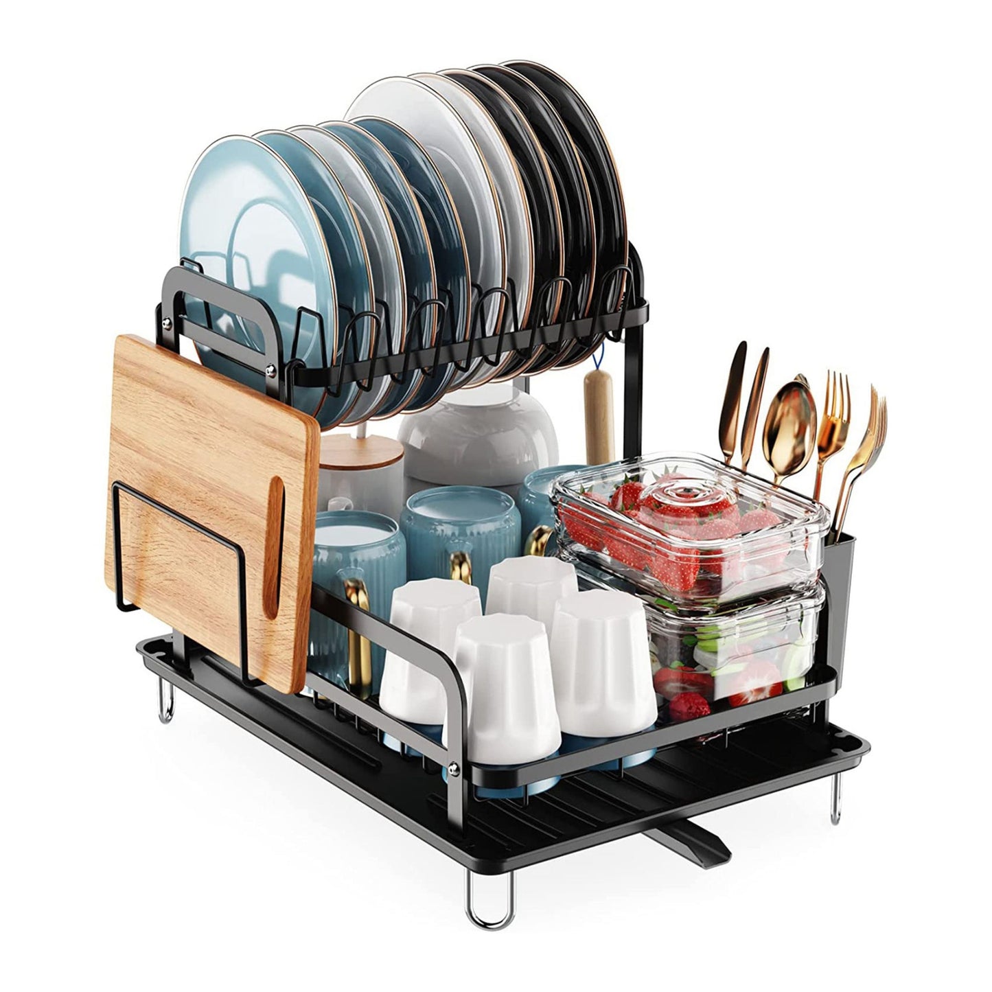 2-Tier Kitchen Dish Drying Rack w/ Detachable Drainboard - Rustproof Organizer Set incl. Utensil Holder. Space Saver! - Black -