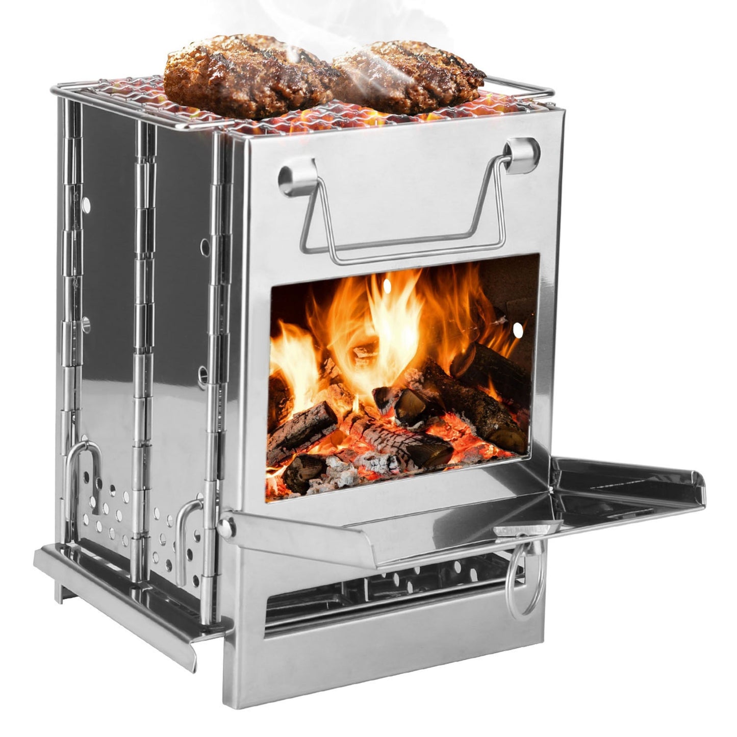 Portable Folding Charcoal Stove - Ideal for Camping & Hiking - Includes Carry Bag & 2 Bolts - Chrome -