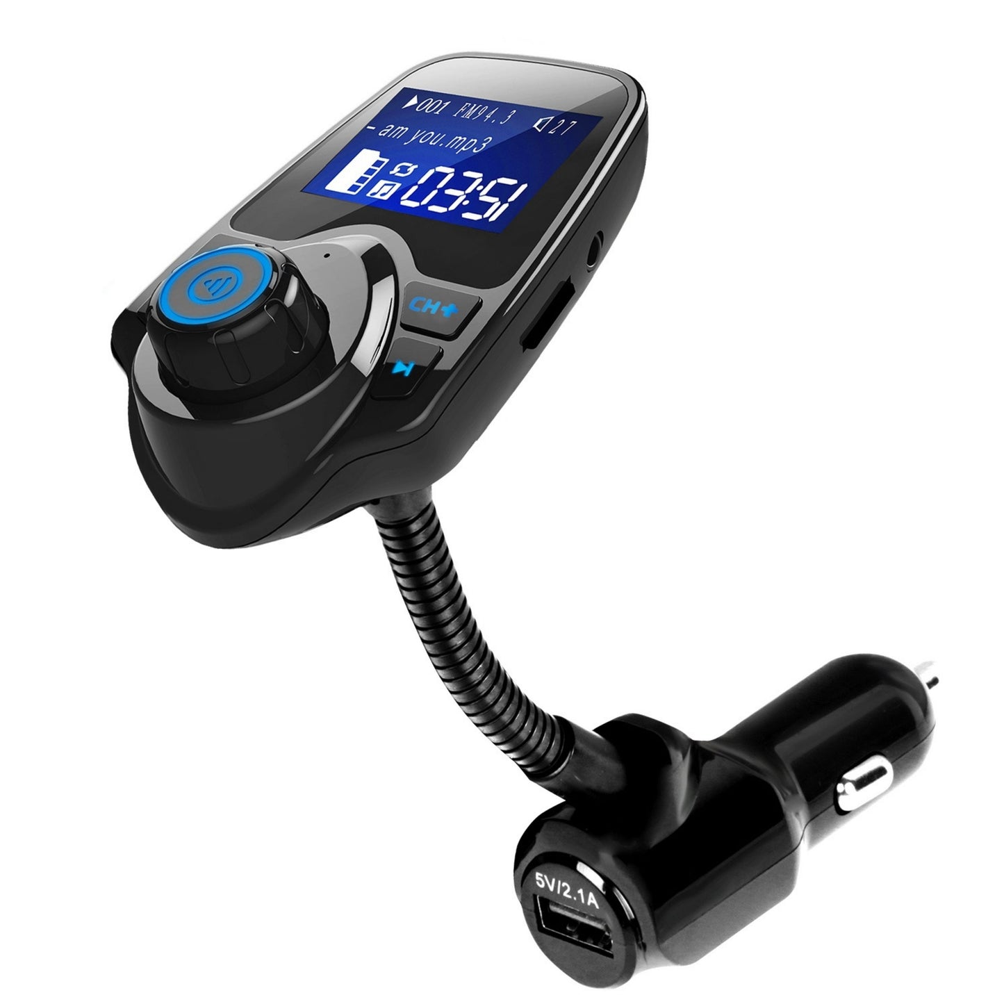 Car Wireless FM Transmitter - Fast USB Charge, Hands-free Call, MP3 Player, AUX Input - Black -