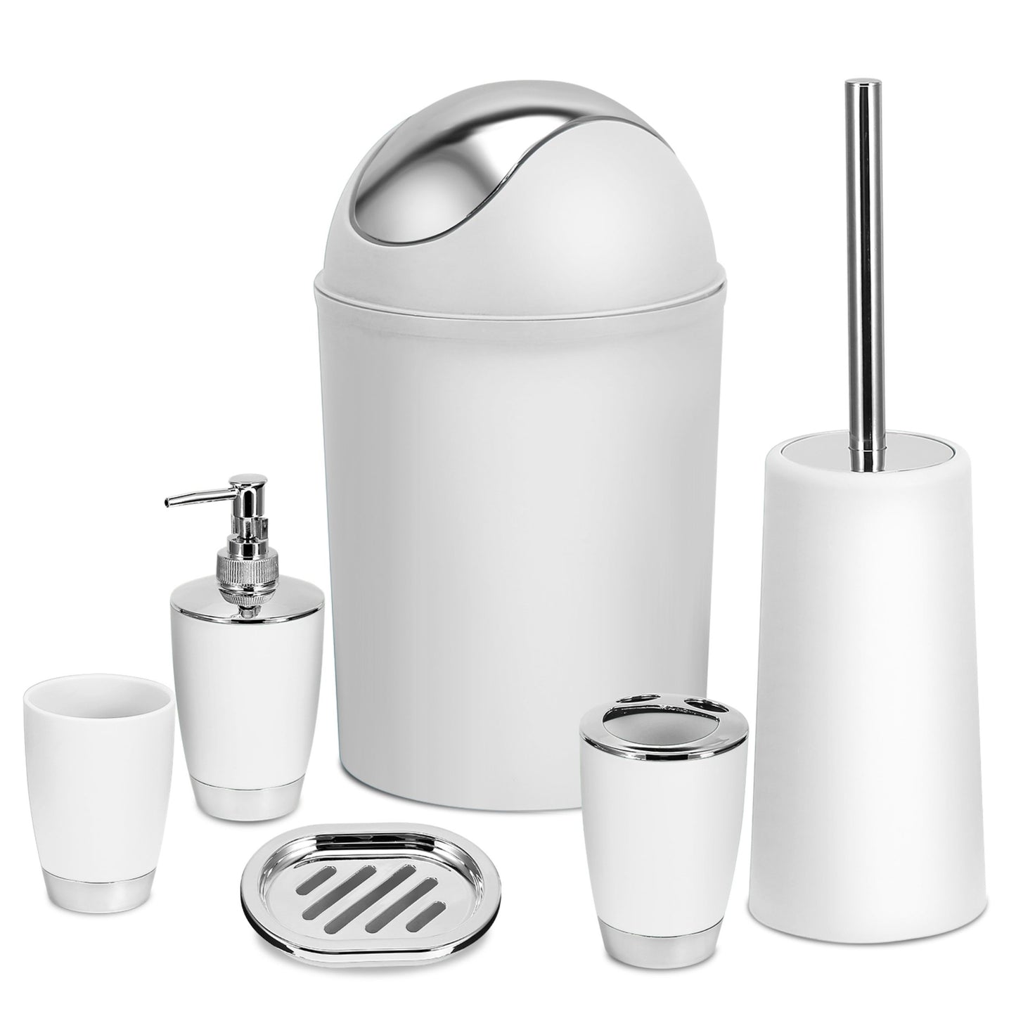 Bathroom Accessories Set 6 Pcs Bathroom Set Ensemble Complete Soap Dispenser Toothbrush Holder Tumbler Soap Dish Toilet Cleaning Brush Trash Can - White -