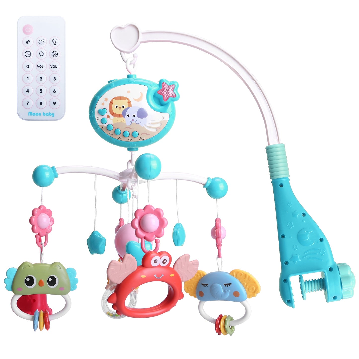 Baby Musical Crib Bed Bell Rotating Mobile Star Projection Nursery Light Baby Rattle Toy with Music Box Remote Control - Blue -