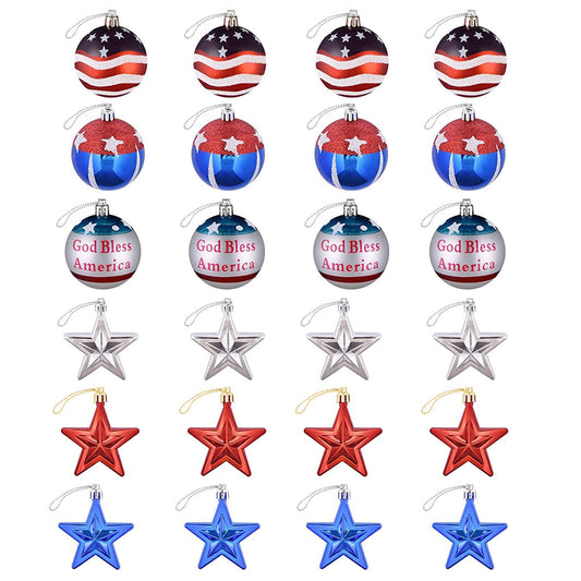 24Pcs Set Hanging Ornaments Ball Star Patriotic Festival Party Decor Independence Day 4th of July Christmas Tree Wall Indoor Outdoor Decoration