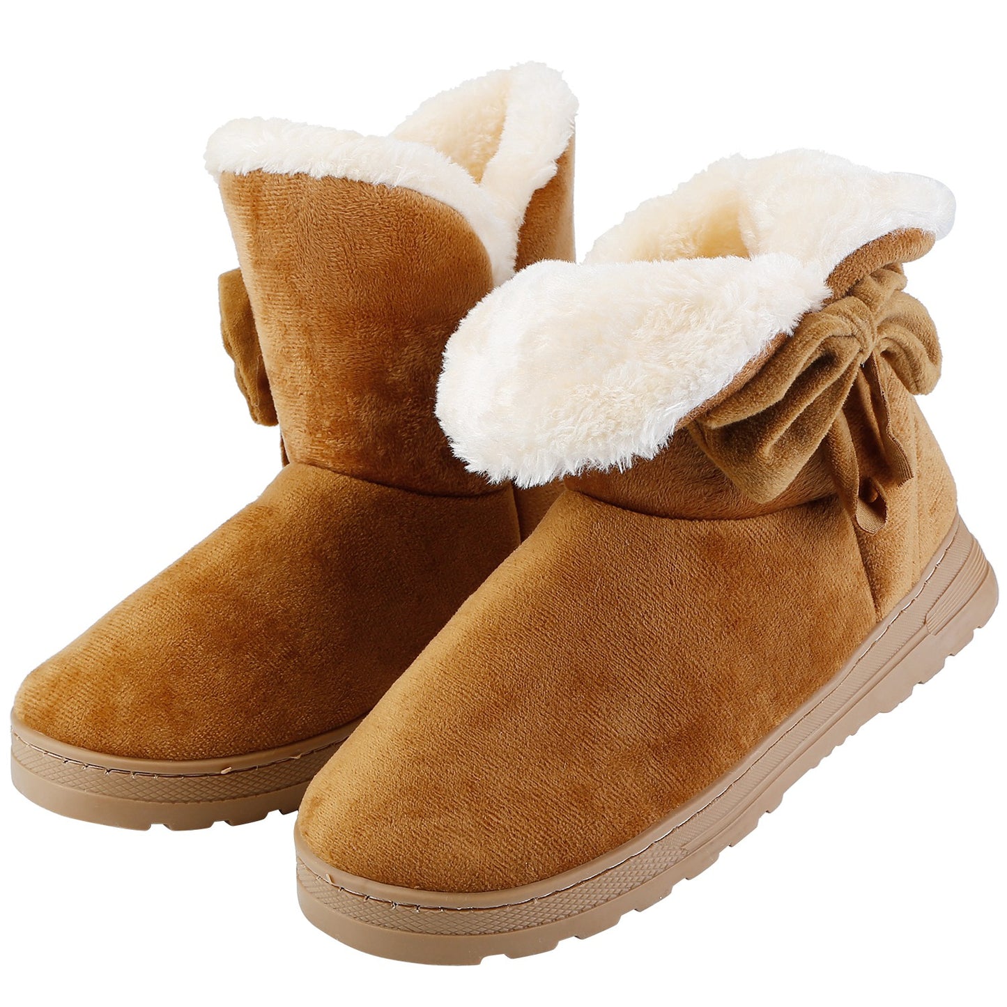 Women Ladies Snow Boots Super Soft Fabric Mid-Calf Winter Shoes Thickened Plush Warm Lining Shoes w/ Anti-slip Rubber Base Bowknot - Brown - 8