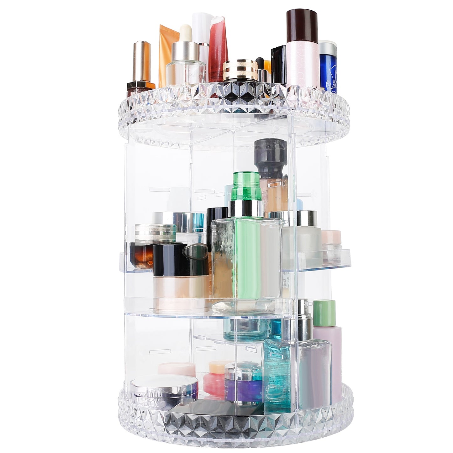 360° Rotating Makeup Organizer Clear Cosmetic Storage Rack Transparent Jewelry Display Box Case with 4 Trays One 17-Slot Top Shelf