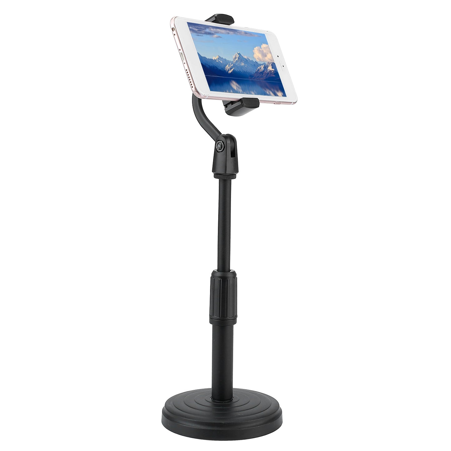 Desktop Phone Stand Angle Height Adjustable Phone Clamp Mount Rotatable Cell Phone Holder For 4-7in Device Selfie Vlog Recording Streaming - Black -