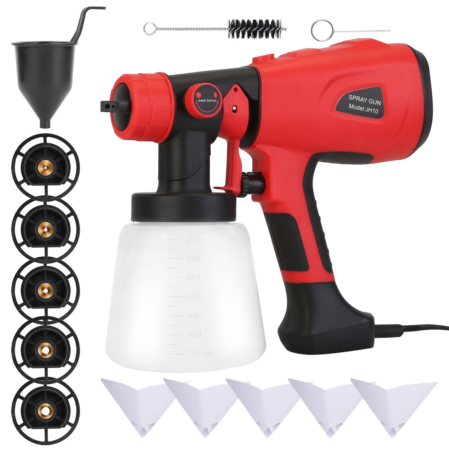 Electric Paint Sprayer HVLP Spray Painting Gun Handheld Painter with Different Spray Patterns 5 Nozzles 800ML Detachable Cup Flow Adjustable Length Ad - Red -