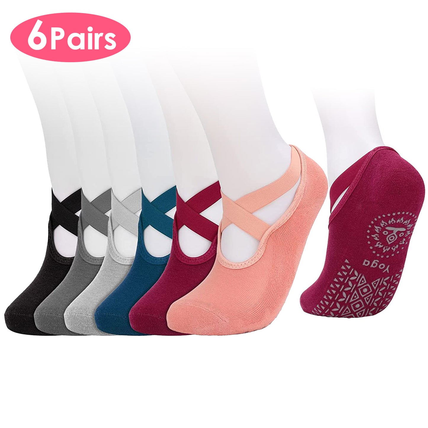 6 Packs Women Yoga Socks with Straps Non-Slip Grips for Pilates Pure Hospital Walking Dance Indoor - Multi -