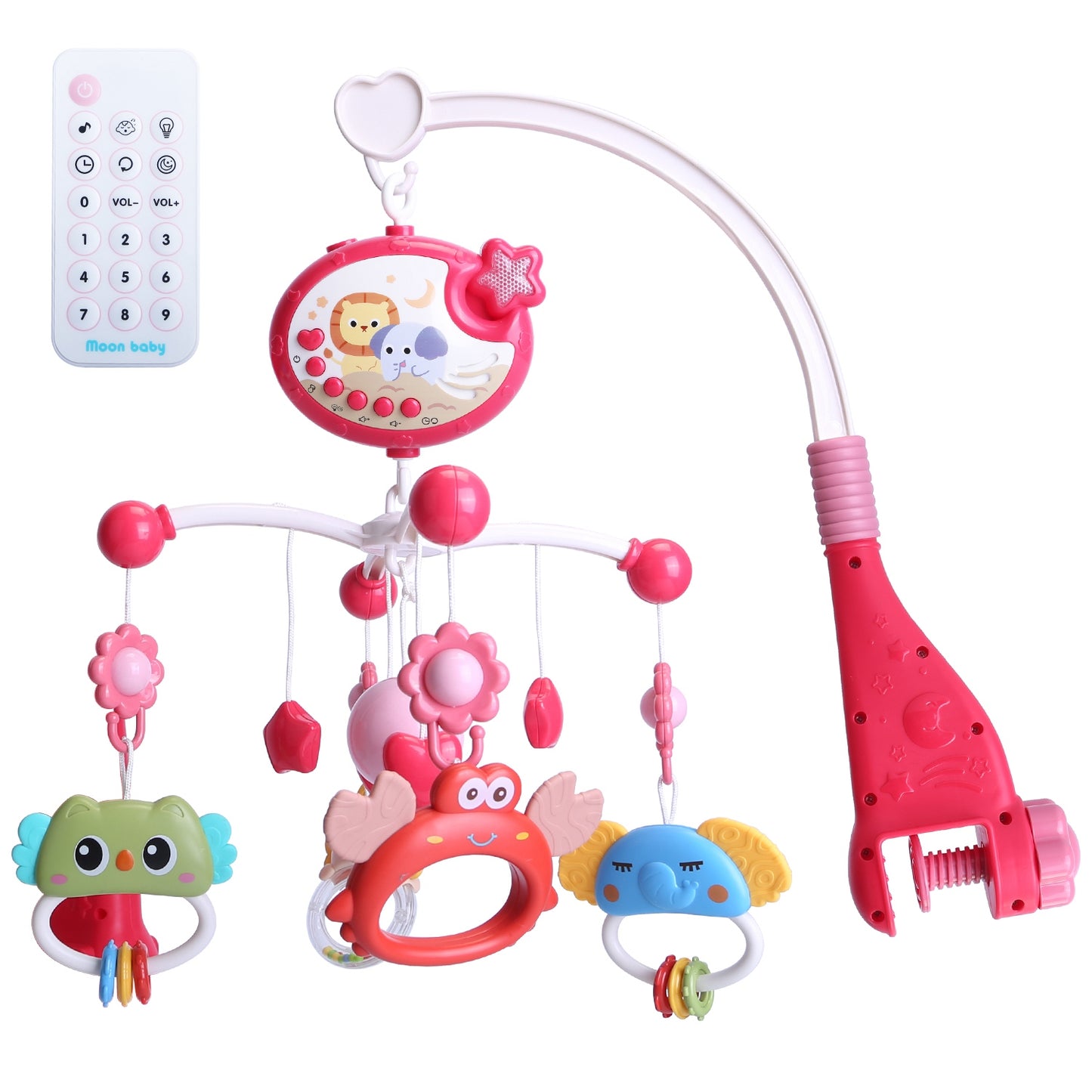 Baby Musical Crib Bed Bell Rotating Mobile Star Projection Nursery Light Baby Rattle Toy with Music Box Remote Control - Red -