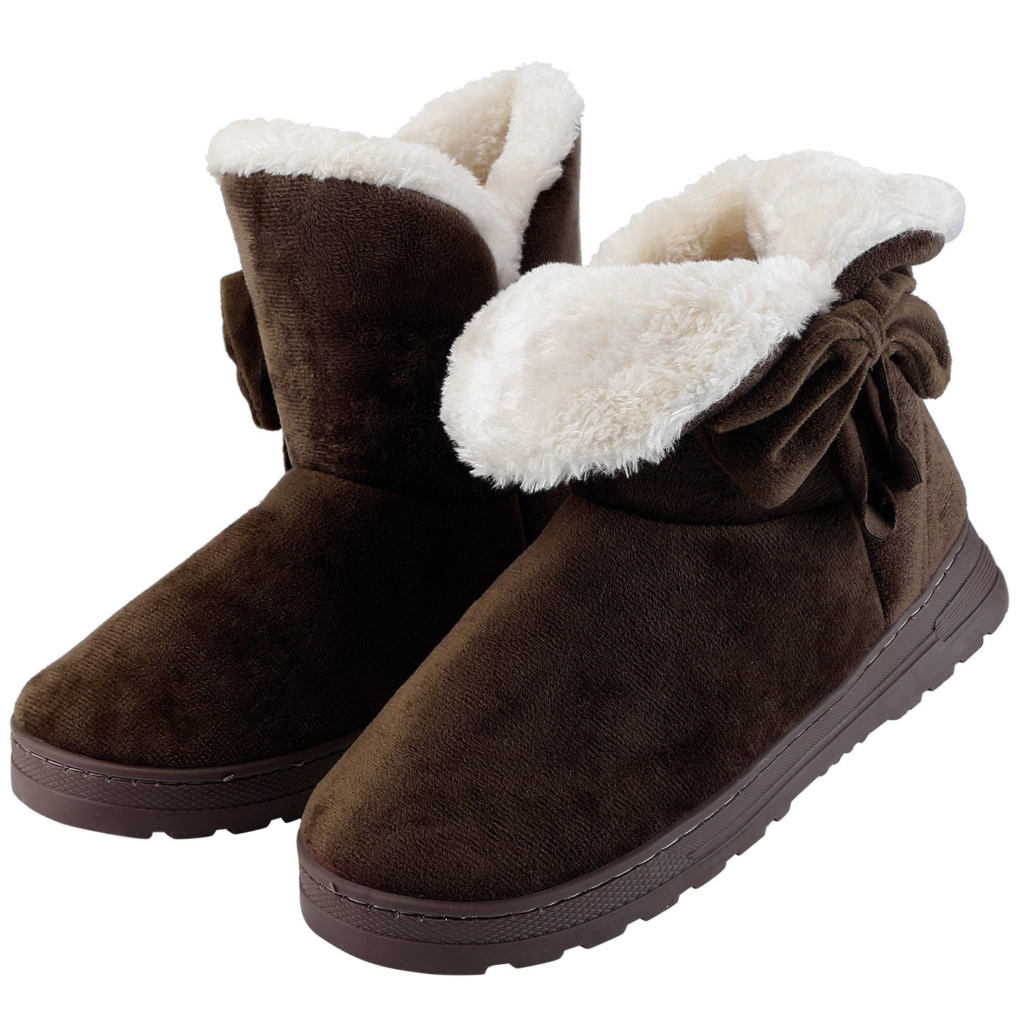 Women Ladies Snow Boots Super Soft Fabric Mid-Calf Winter Shoes Thickened Plush Warm Lining Shoes w/ Anti-slip Rubber Base Bowknot - Coffee - 9