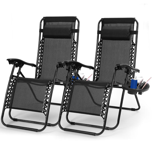 2Packs Zero Gravity Lounge Chair w/ Dual Side Tray 330lbs Load Foldable Recliner Chair w/ Stress Relief Pillow Patio Poolside Beach Lying Chair - Black -