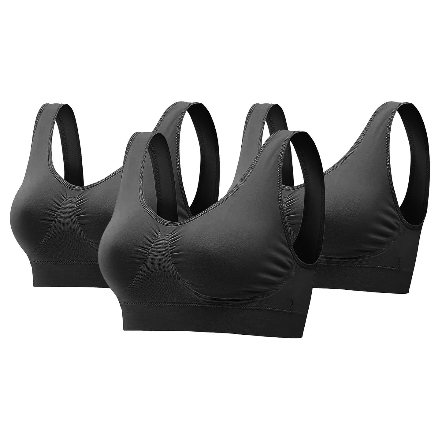 3 Pack Sport Bras For Women Seamless Wire-free Bra Light Support Tank Tops For Fitness Workout Sports Yoga Sleep Wearing - Black - Large