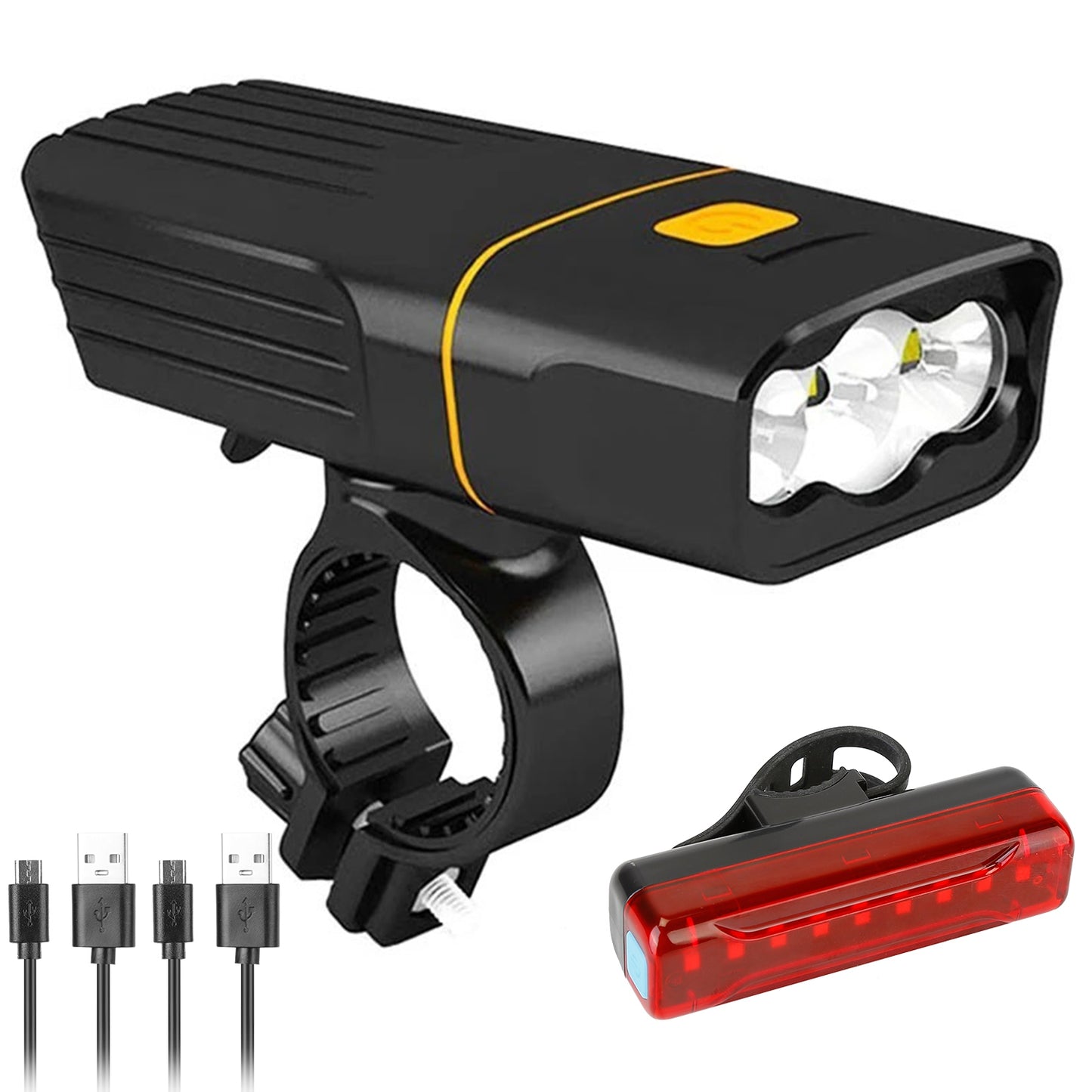 Super Bright Bike Light Set USB Rechargeable Headlight Taillight Set Waterproof LED Bicycle Front and Rear Lights for Night Riding Cycling - Black -